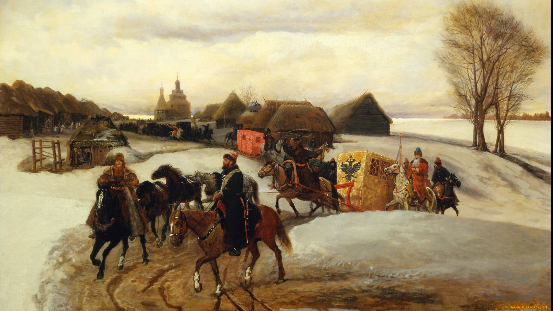 рисованные, живопись, дома, лошади, всадники, снег