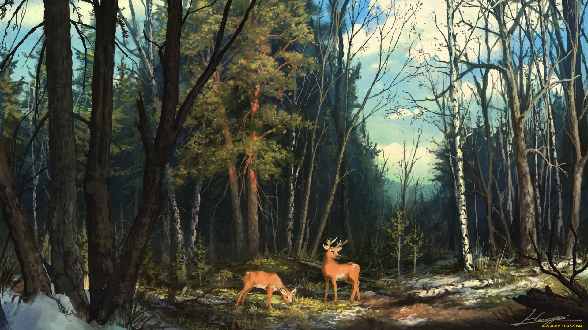 рисованные, живопись, лес, олени