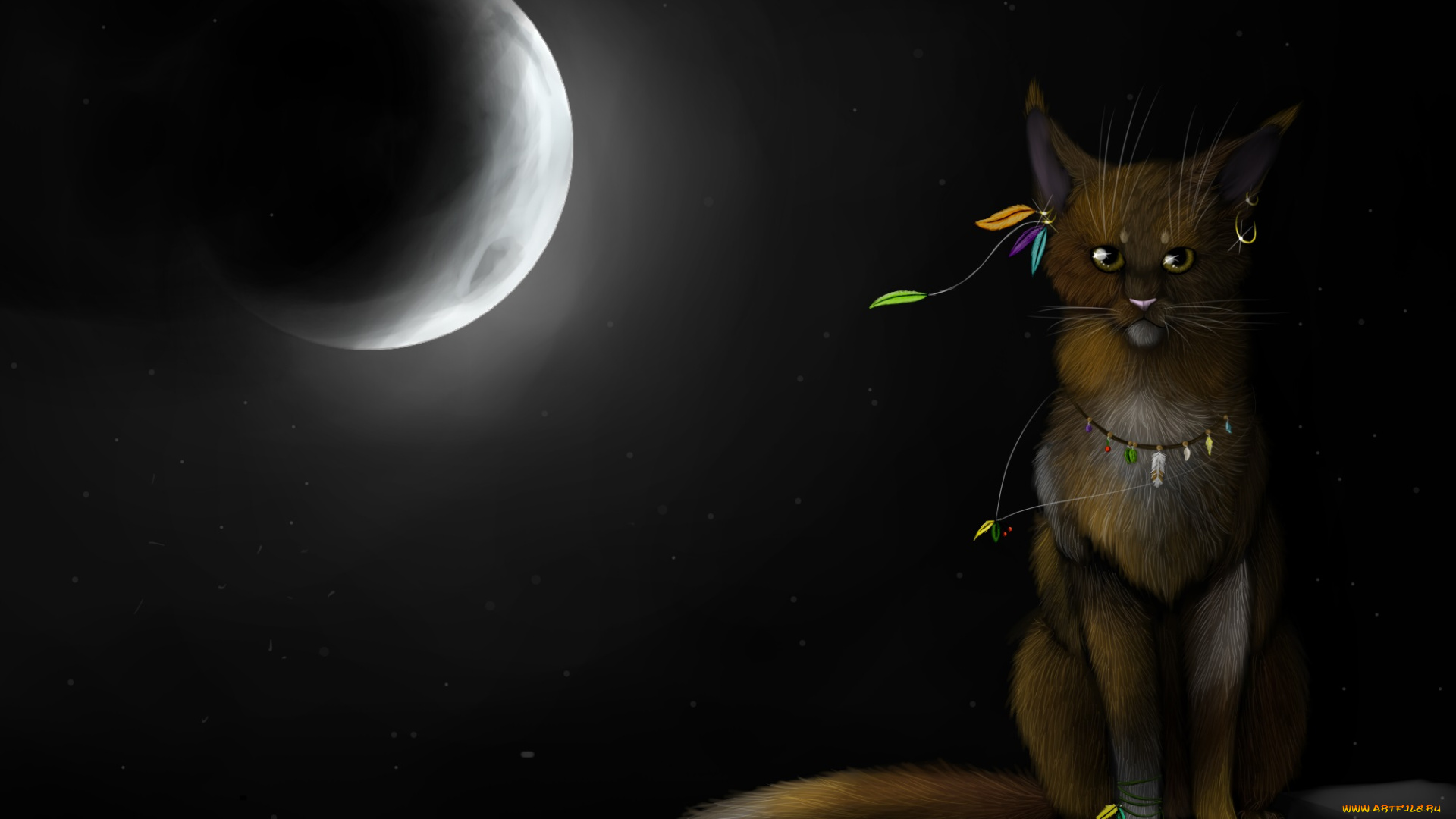 рисованные, животные, , сказочные, , мифические, кот, луна