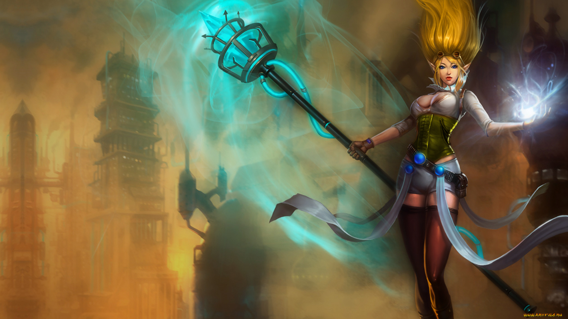 видео, игры, league, of, legends, чулки, магия, посох, игра, девушка, league, of, legends, janna, арт, взгляд