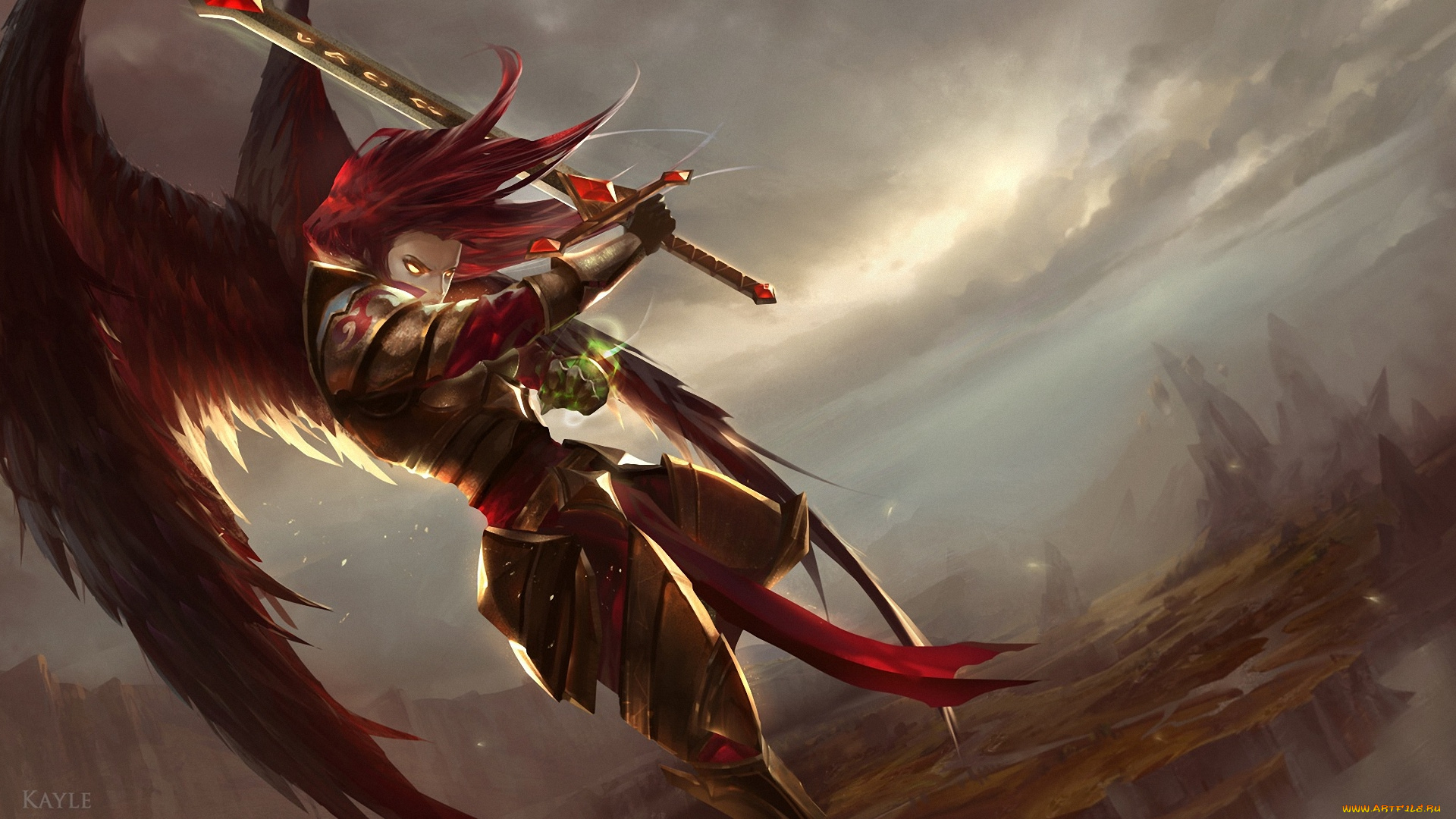 видео, игры, league, of, legends, в, небе, арт, крылья, меч, cabalfan, league, of, legends, kayle, парень