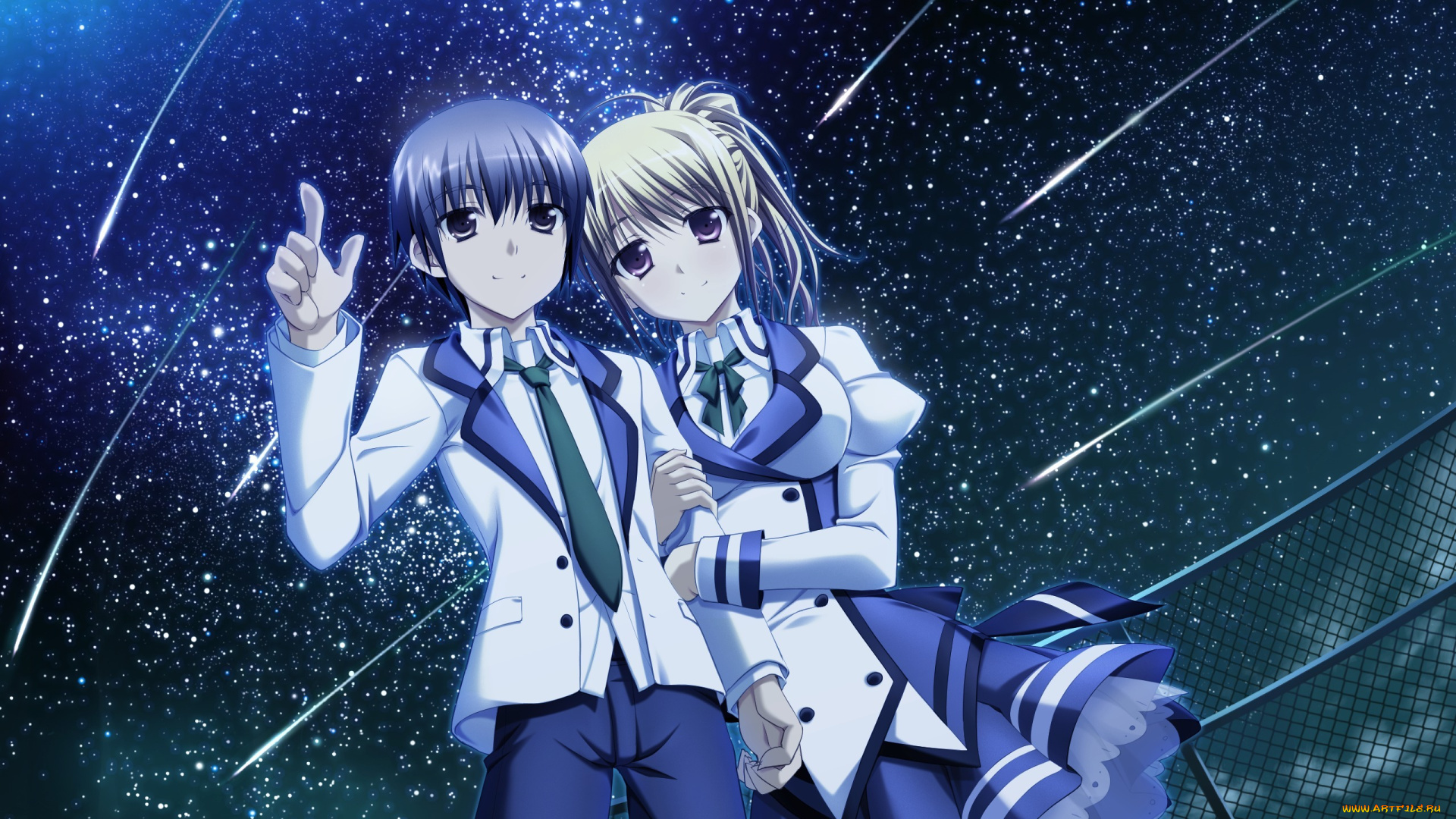 yaneura, no, kanojo, аниме, *unknown, , другое, небо, девушка, парень, yaneura, no, kanojo, dp, minase, звезды, ночь, забор, арт