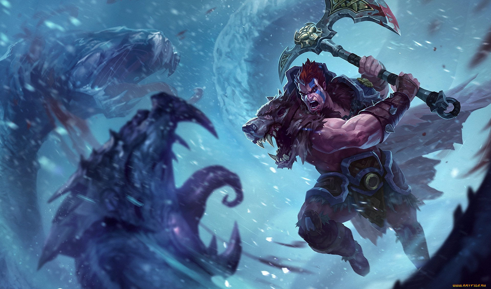 видео, игры, league, of, legends, кровь, секира, топор, снег, оружие, головы, монстр, парень, darius, арт, league, of, legends