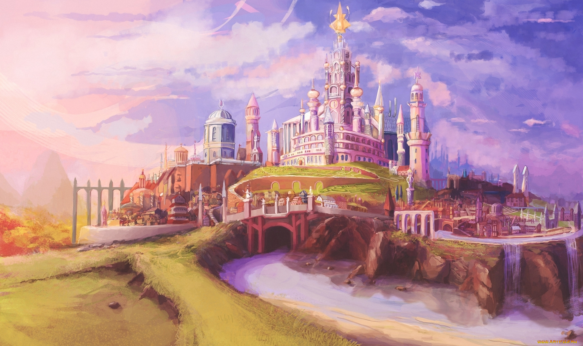 рисованные, города, замок, шпили, река