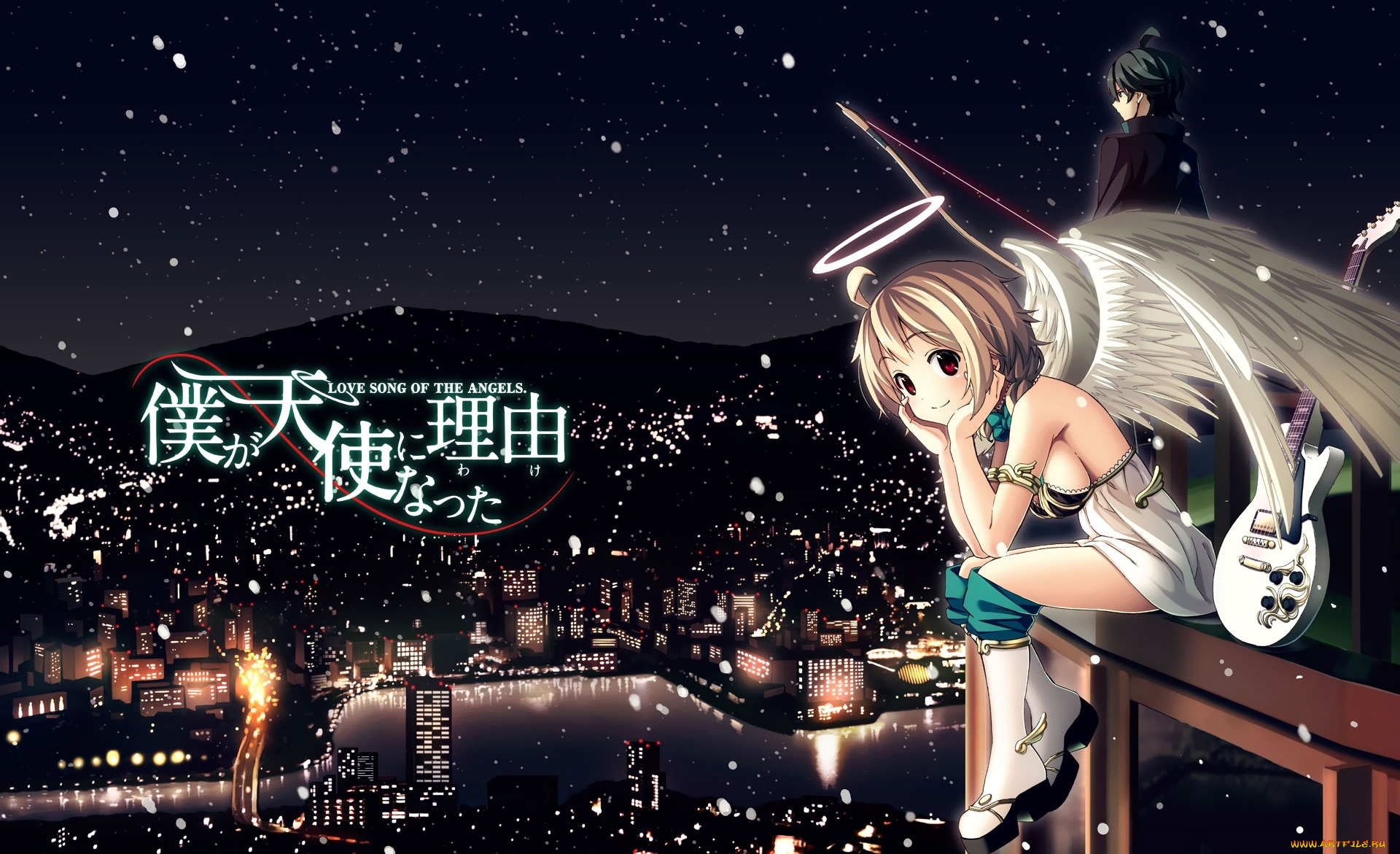 boku, ga, tenshi, ni, natta, wake, аниме, -angels, &, demons, крылья, парень, fujimaru, девушка, boku, ga, tenshi, ni, natta, wake, арт, ангел, город, высота, дома, снег, гитара, нимб, огни, река, небо
