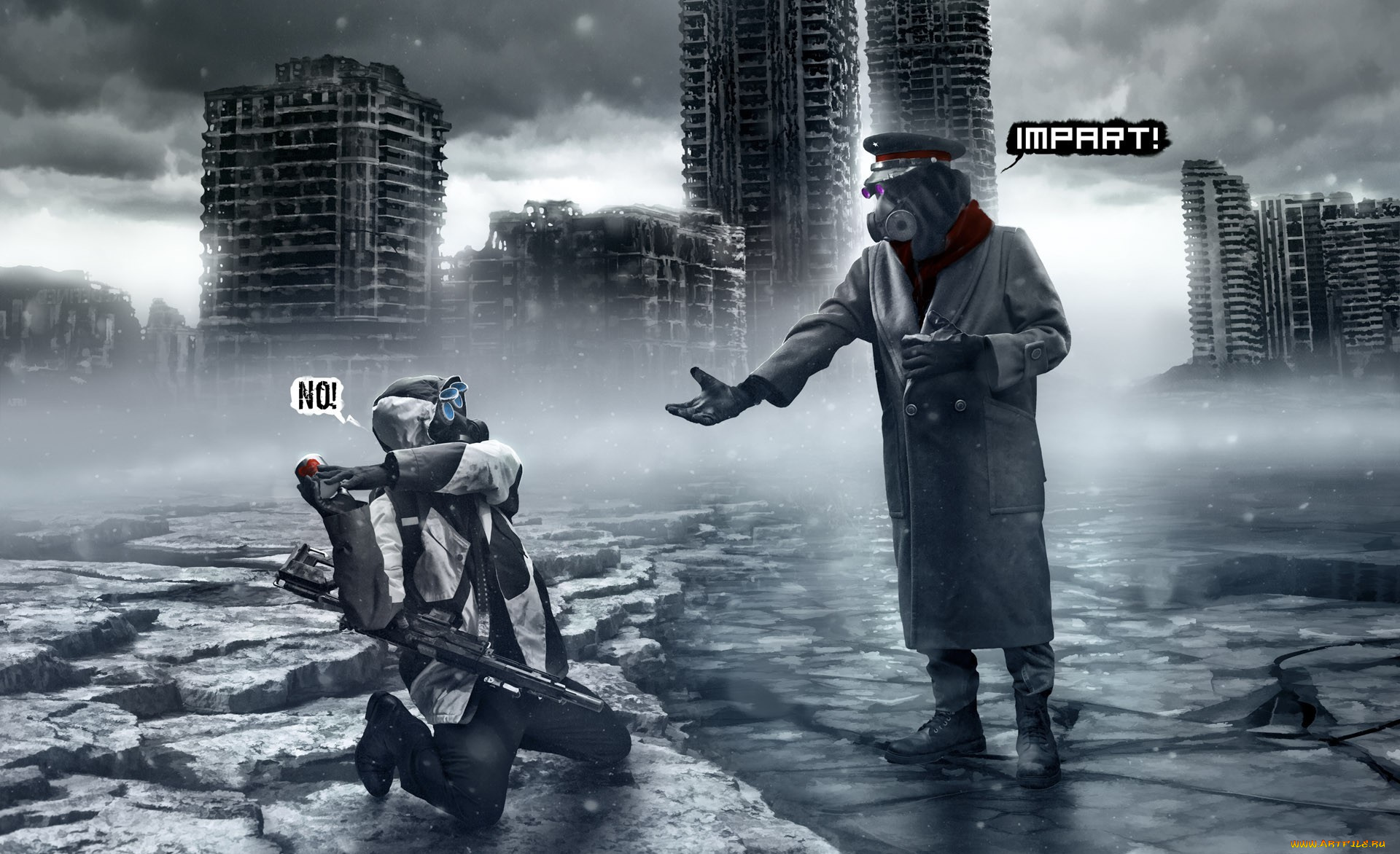 фэнтези, люди, романтика, апокалипсиса, alexiuss, арт, капитан, снайпер, кружка, город, руины, зима