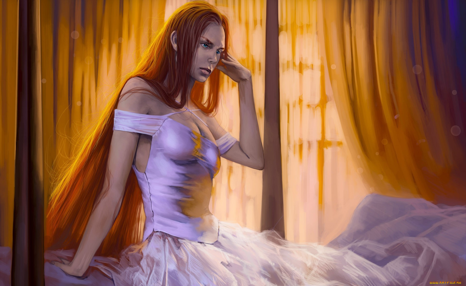 фэнтези, девушки, романтика, апокалипсиса, alexiuss, девушка, платье, рыжая, кровать