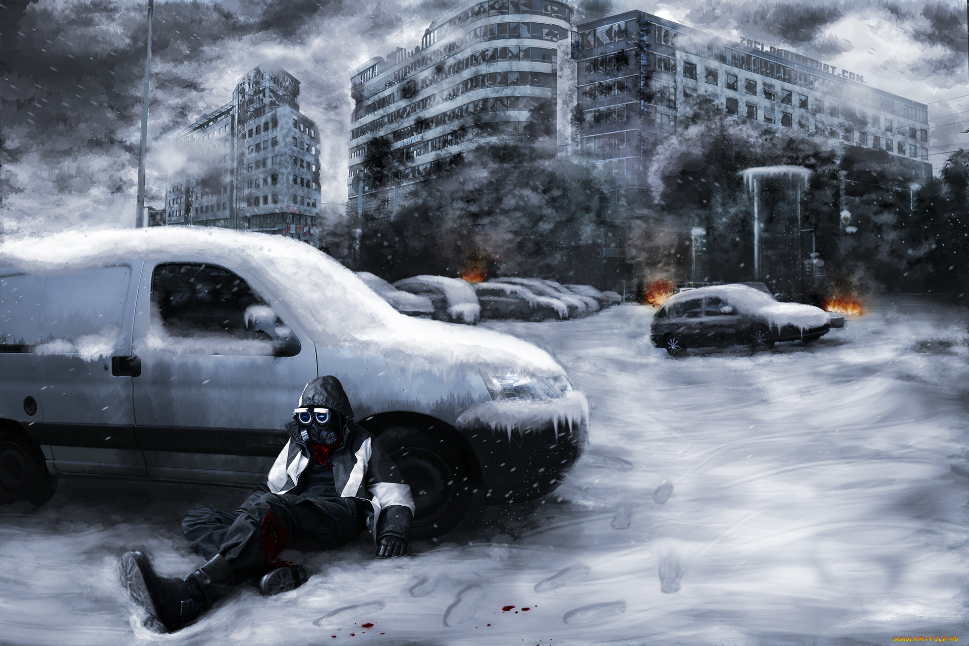 фэнтези, люди, романтика, апокалипсиса, противогаз, руины, здания, огонь, автомобили, обломки, арт, alexiuss