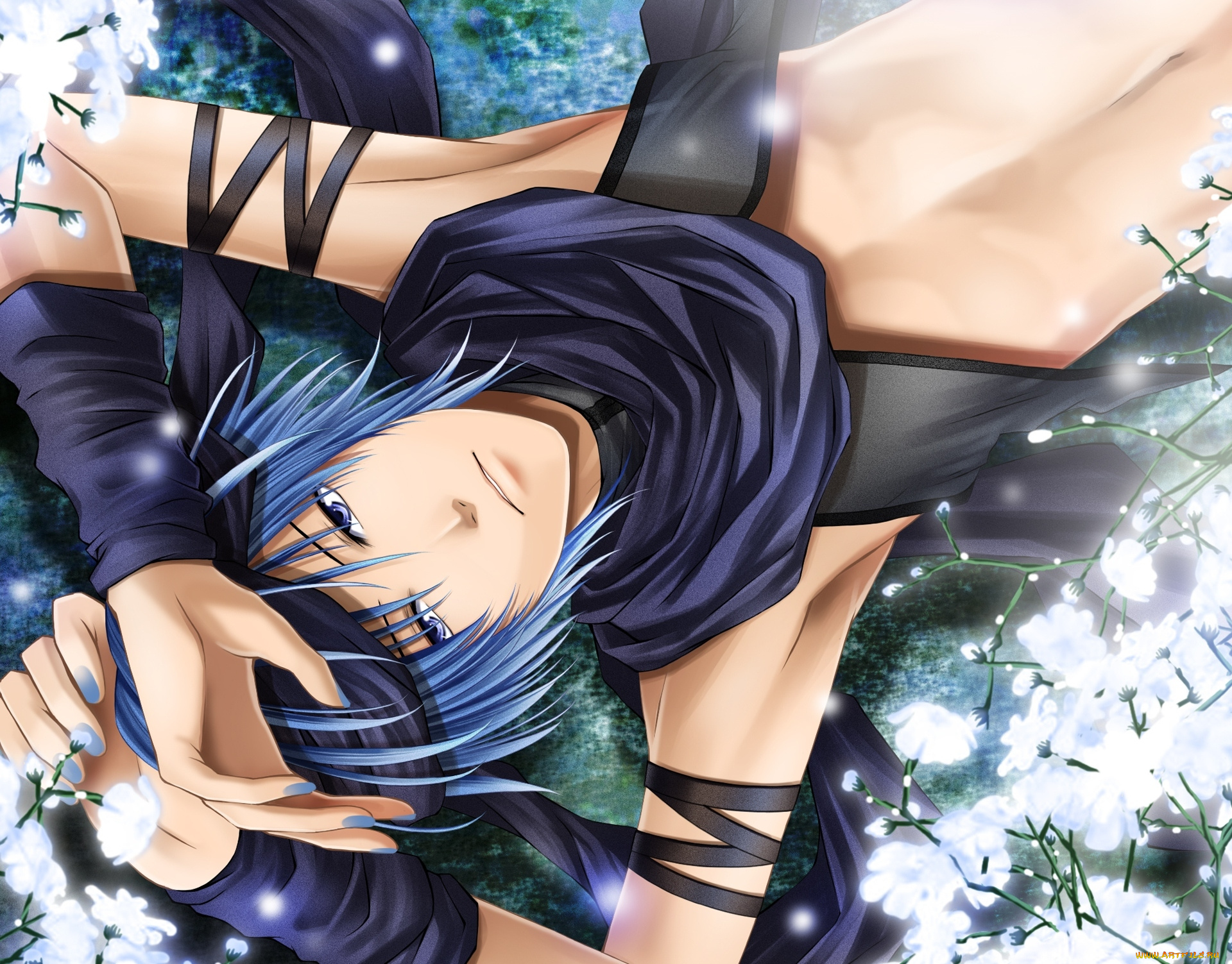 аниме, vocaloid, взгляд, цветы, парень, kaito, вокалоид