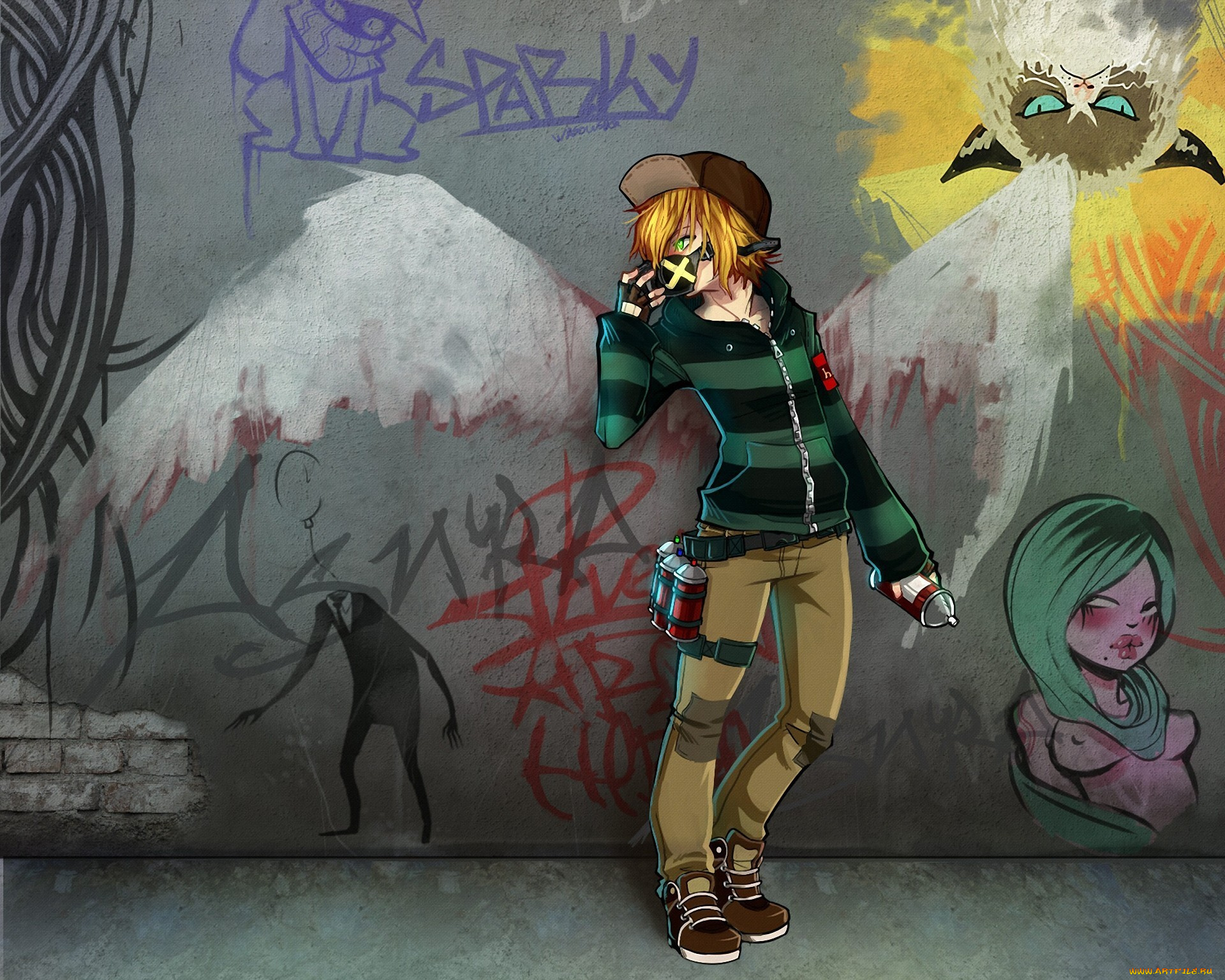 аниме, *unknown, , другое, арт, повязка, баллончик, граффити, рисунки, парень