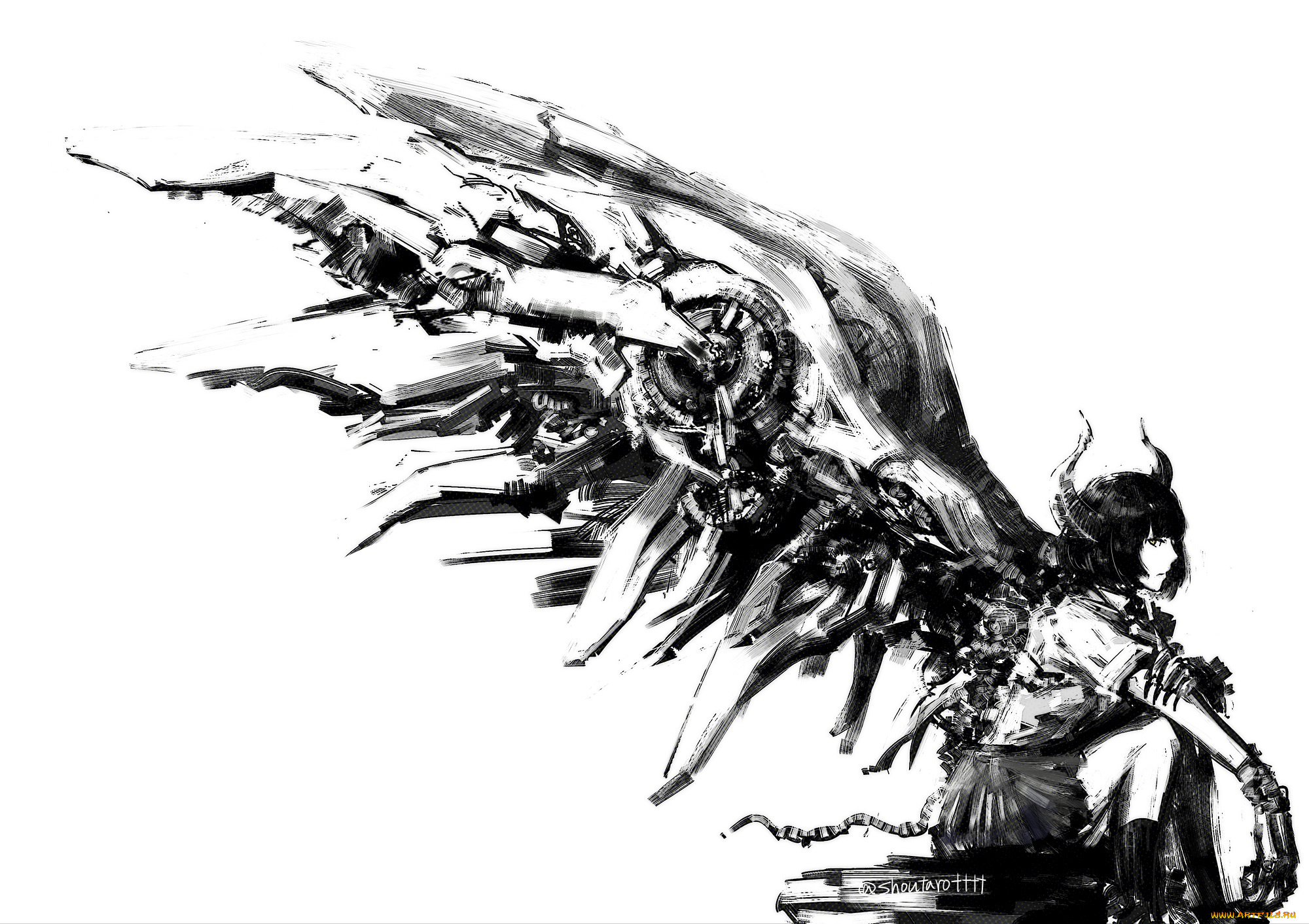 аниме, -angels, &, demons, арт, технологии, белый, фон, крыло, девушка