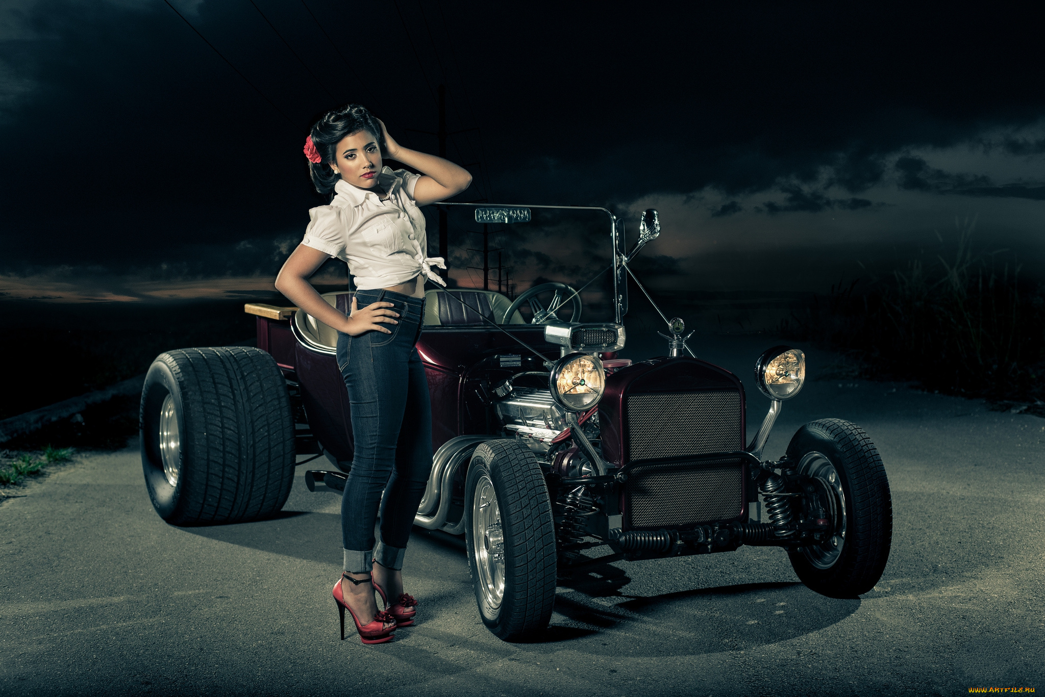 автомобили, авто, с, девушками, девица, ретро, авто