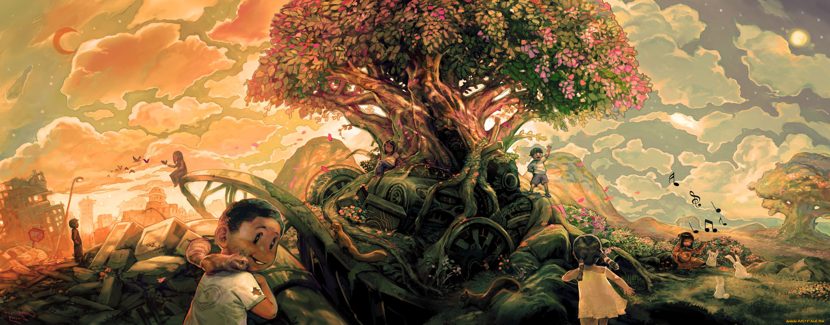 фэнтези, люди, постапокалипсис, руины, мир, дерево, дети, иной
