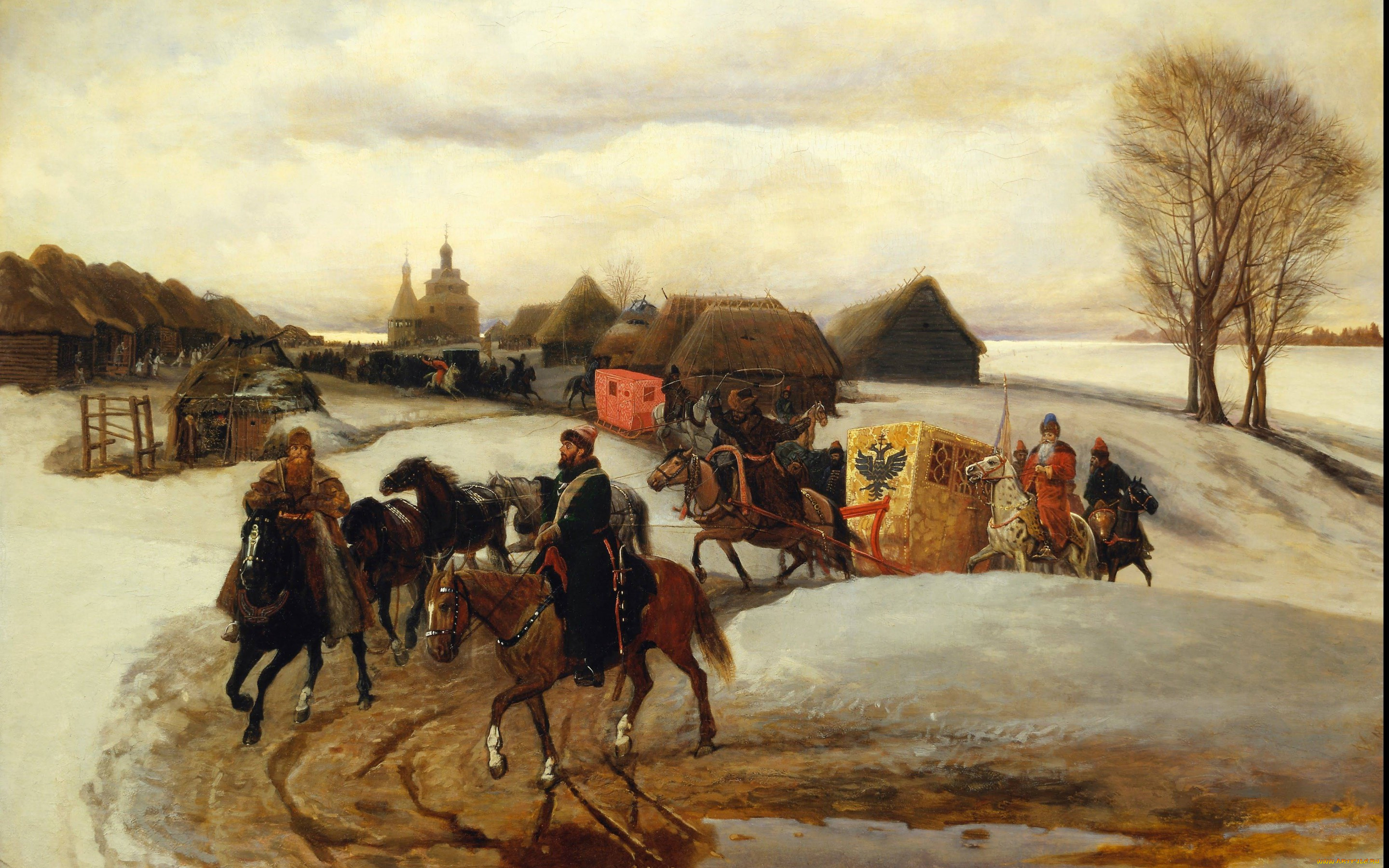 рисованные, живопись, дома, лошади, всадники, снег