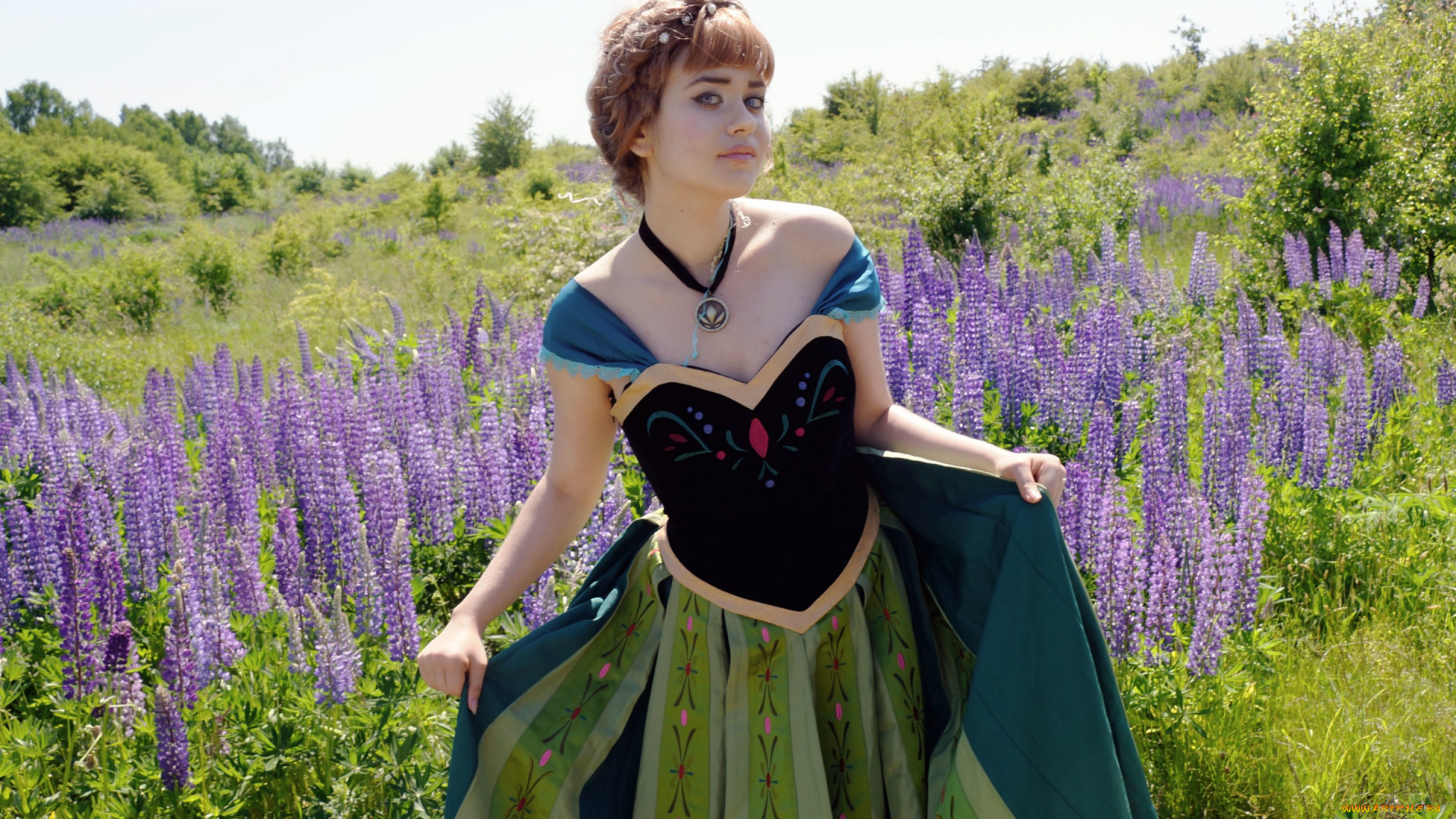 девушки, -unsort, , брюнетки, , шатенки, anna, frozen, поле, цветы, девушка, платье, косплей