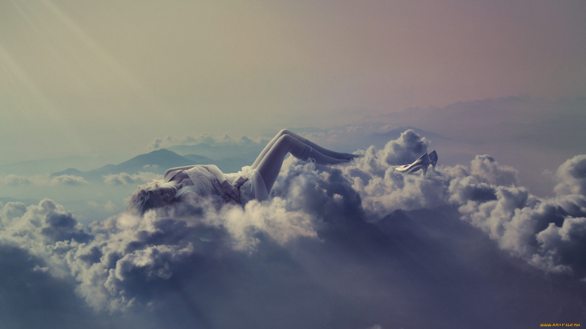 девушки, -unsort, , креатив, отдых, девушка, блондинка, облака, фантазия, туфли