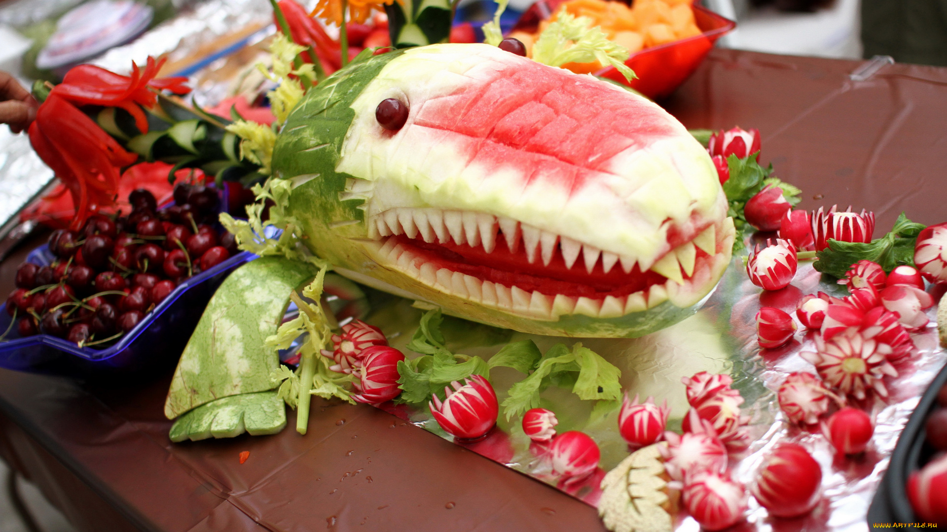 еда, фрукты, и, овощи, вместе, дизайн, арбуз, редис, черешня