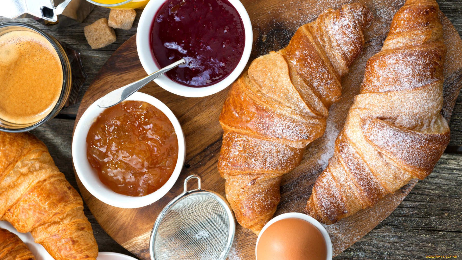 еда, хлеб, , выпечка, круассаны, джем, кофе, завтрак, яйцо, выпечка