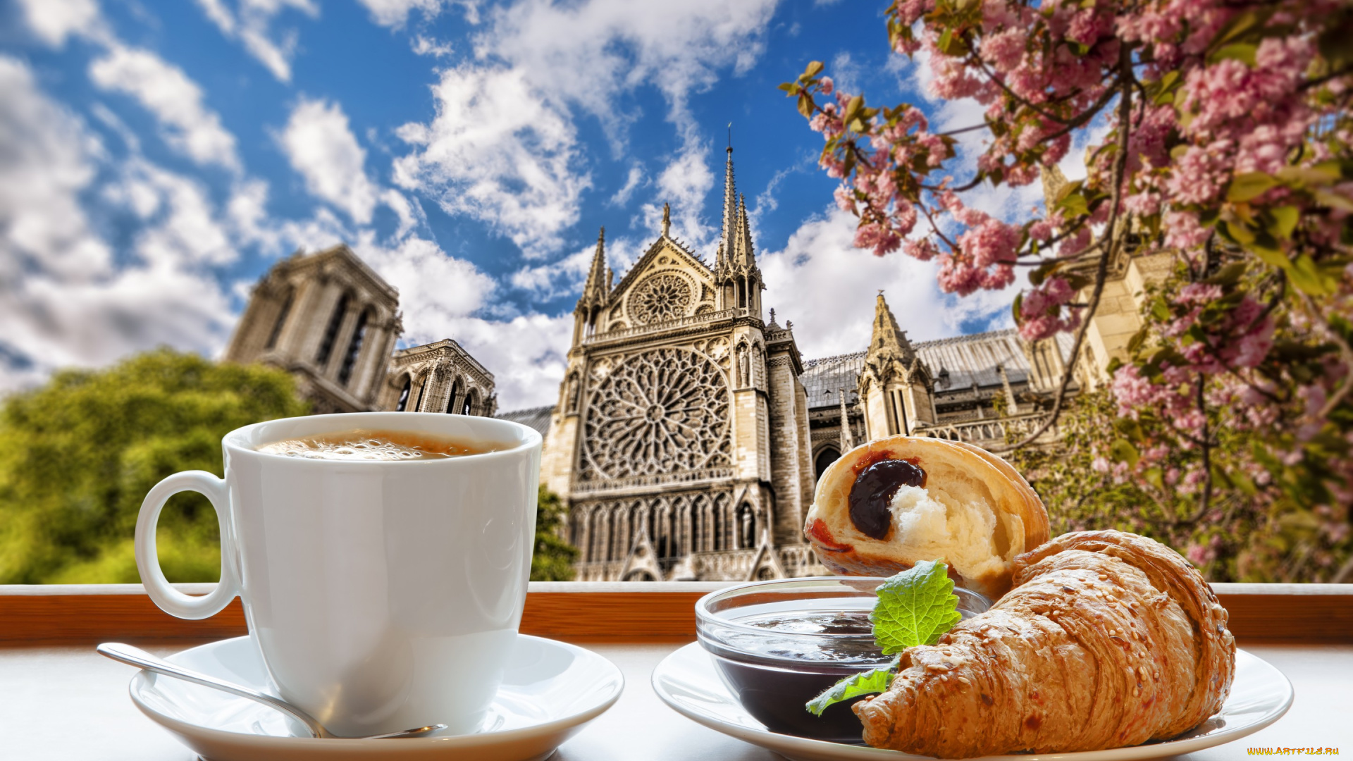 еда, кофе, , кофейные, зёрна, завтрак, spring, cathedral, notre, dame, france, paris, croissant, cup, coffee, breakfast, весна, нотр, дам, париж, джем, круассан