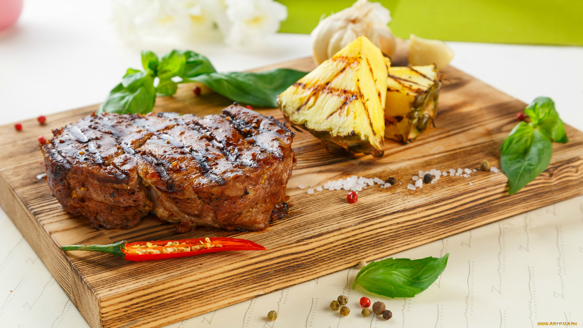 еда, мясные, блюда, перец, чили, гриль, базилик, соль, чеснок, ананас, мясо