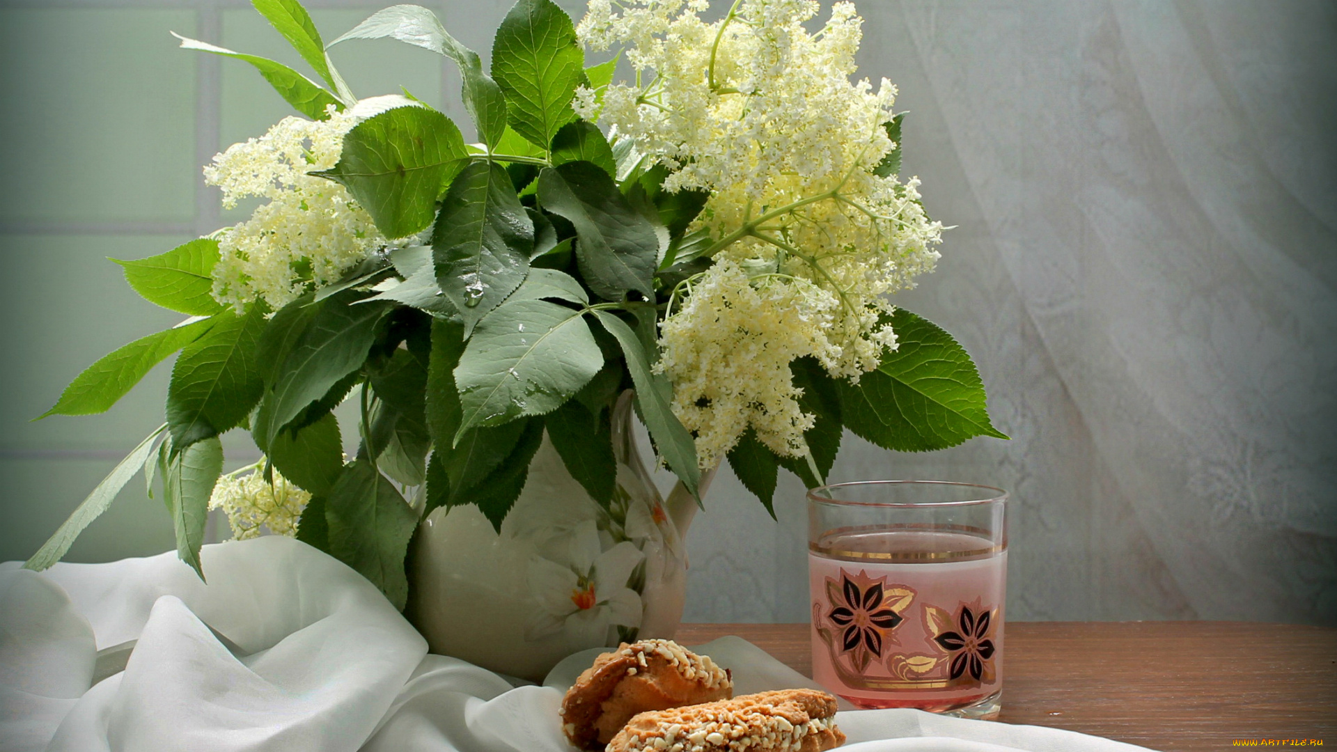 еда, натюрморт, компот, пирожные, бузина, букет