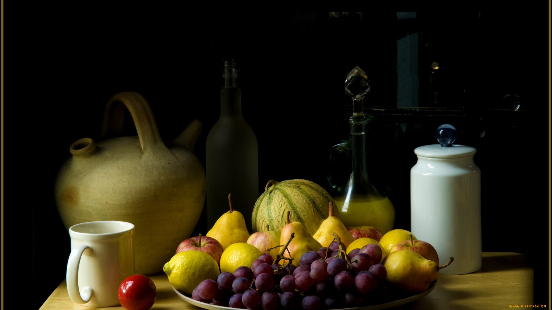 еда, натюрморт, виноград, тарелка, чашка, фрукты