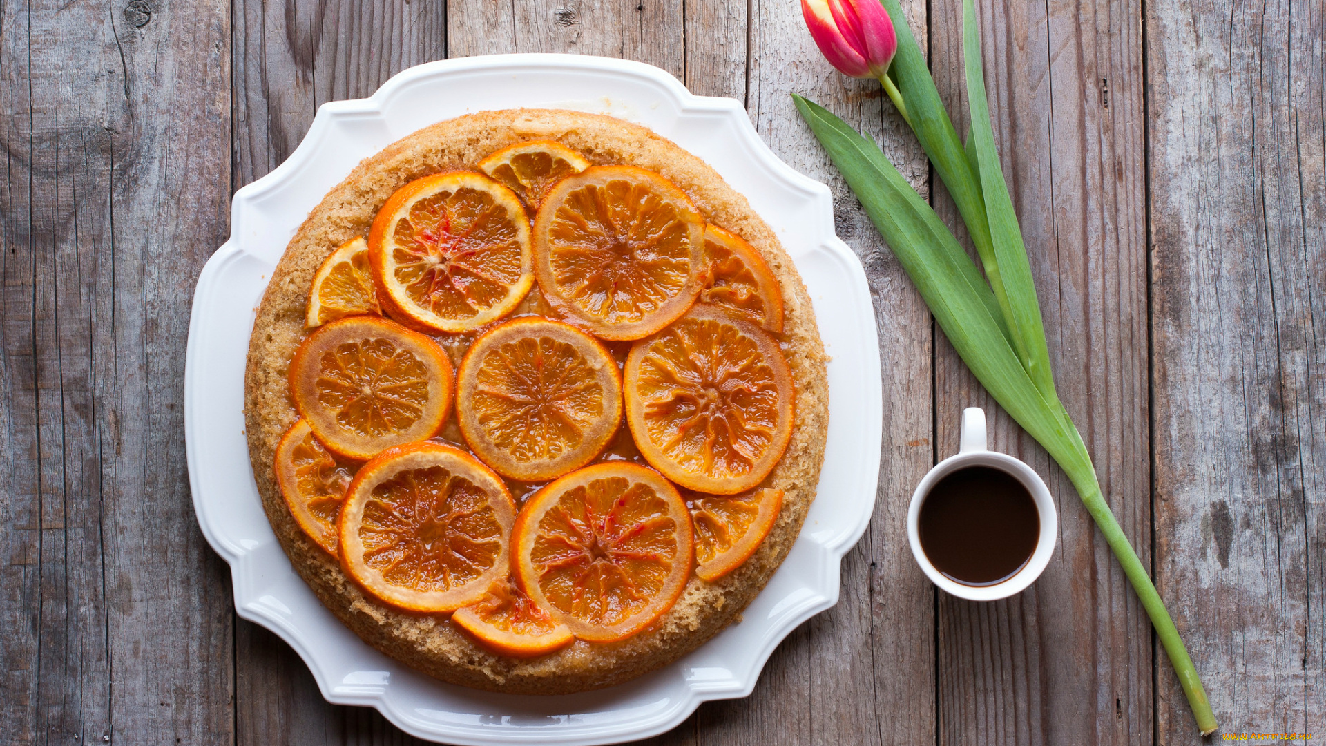еда, пироги, кофе, доски, пирог, апельсины, тюльпан, цветок, чашка