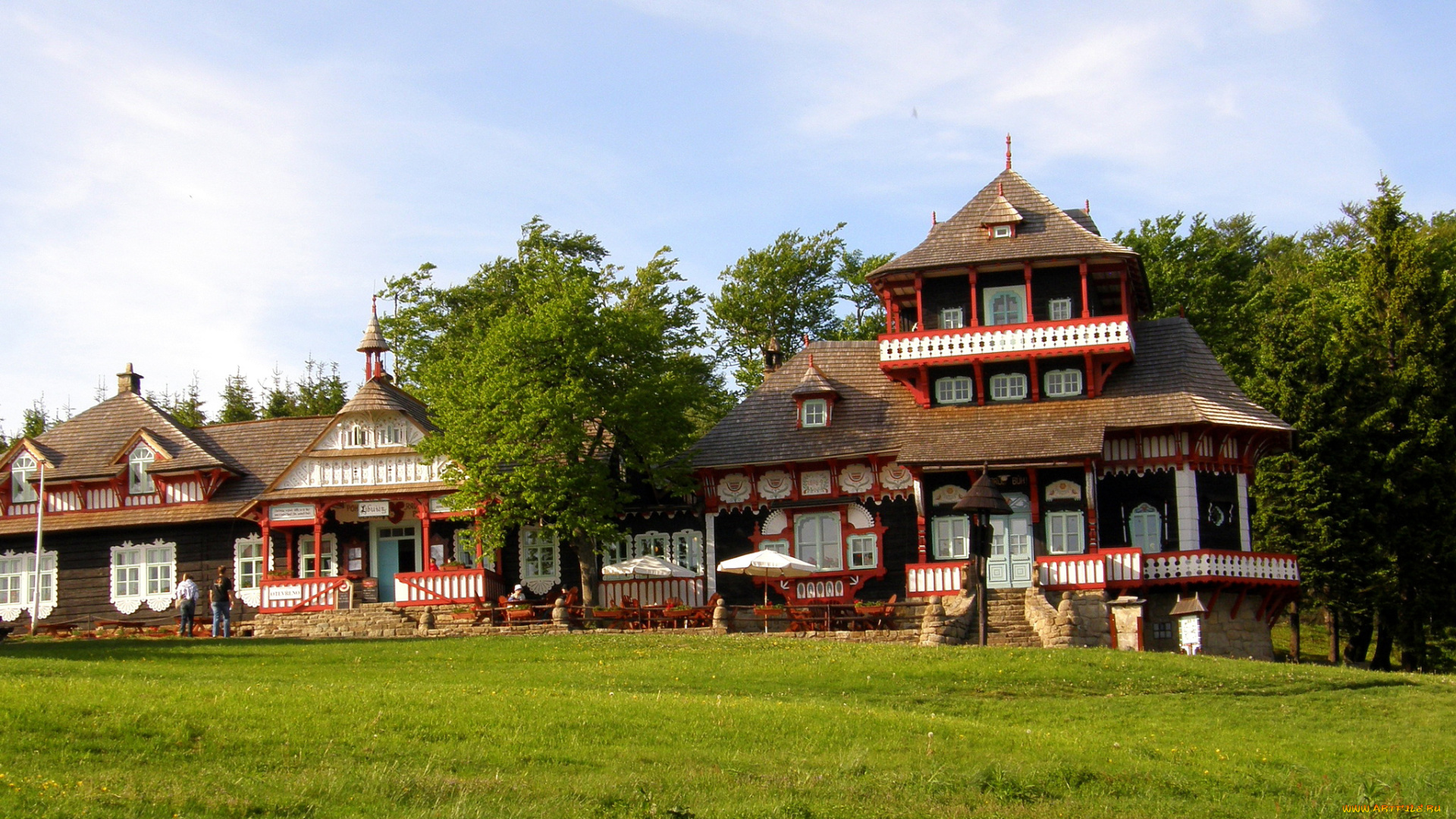 города, -, здания, , дома, Чехия, деревня, дома, лужайка, деревья, трава