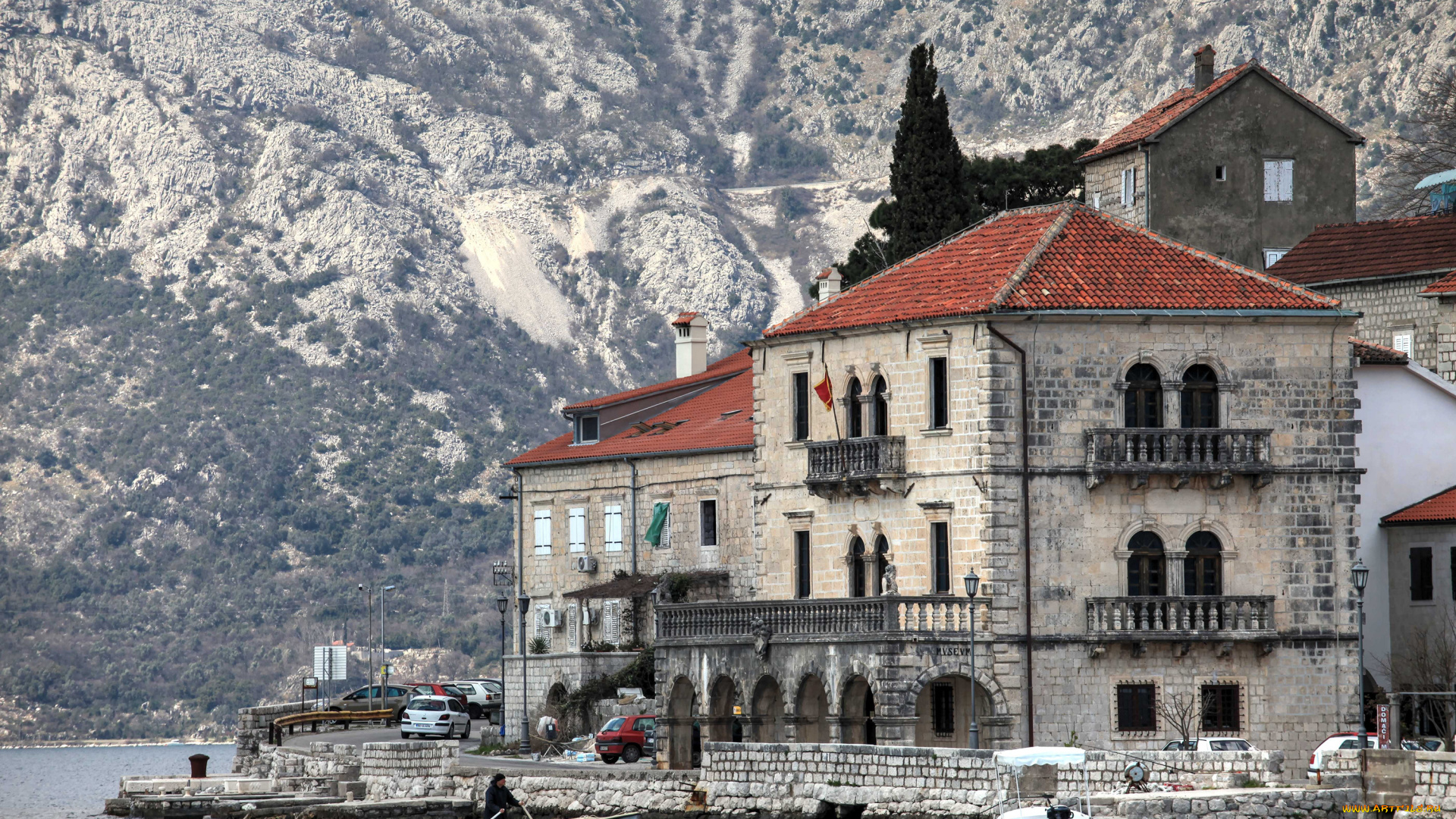 города, -, здания, , дома, которский, залив, Черногория, хорватия, бухта, горы, берег, лодки, дома