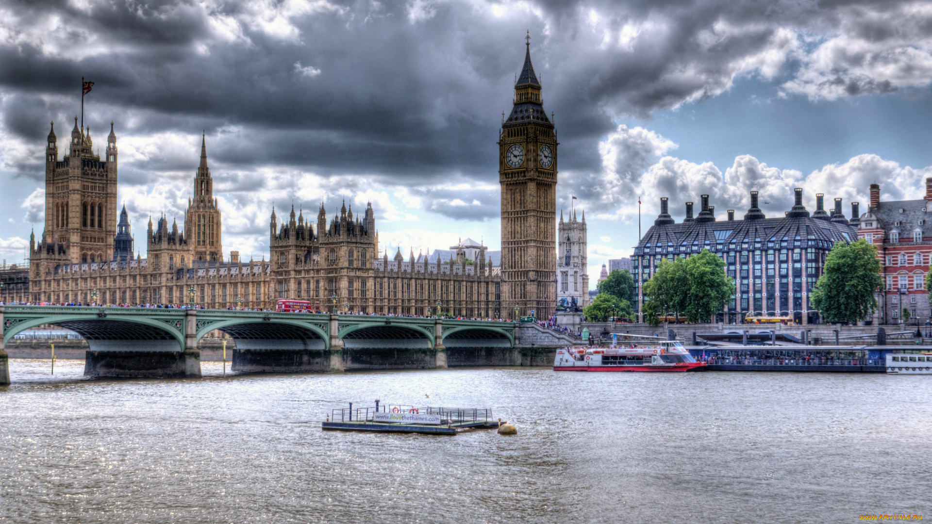 города, лондон, , великобритания, часы, башня, река, мост