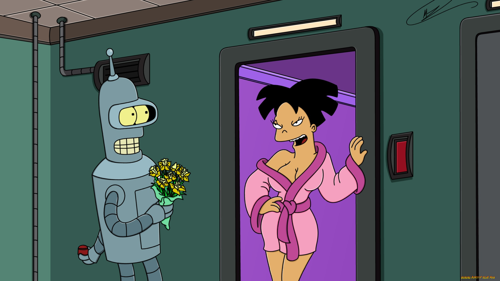мультфильмы, futurama, цветы, робот