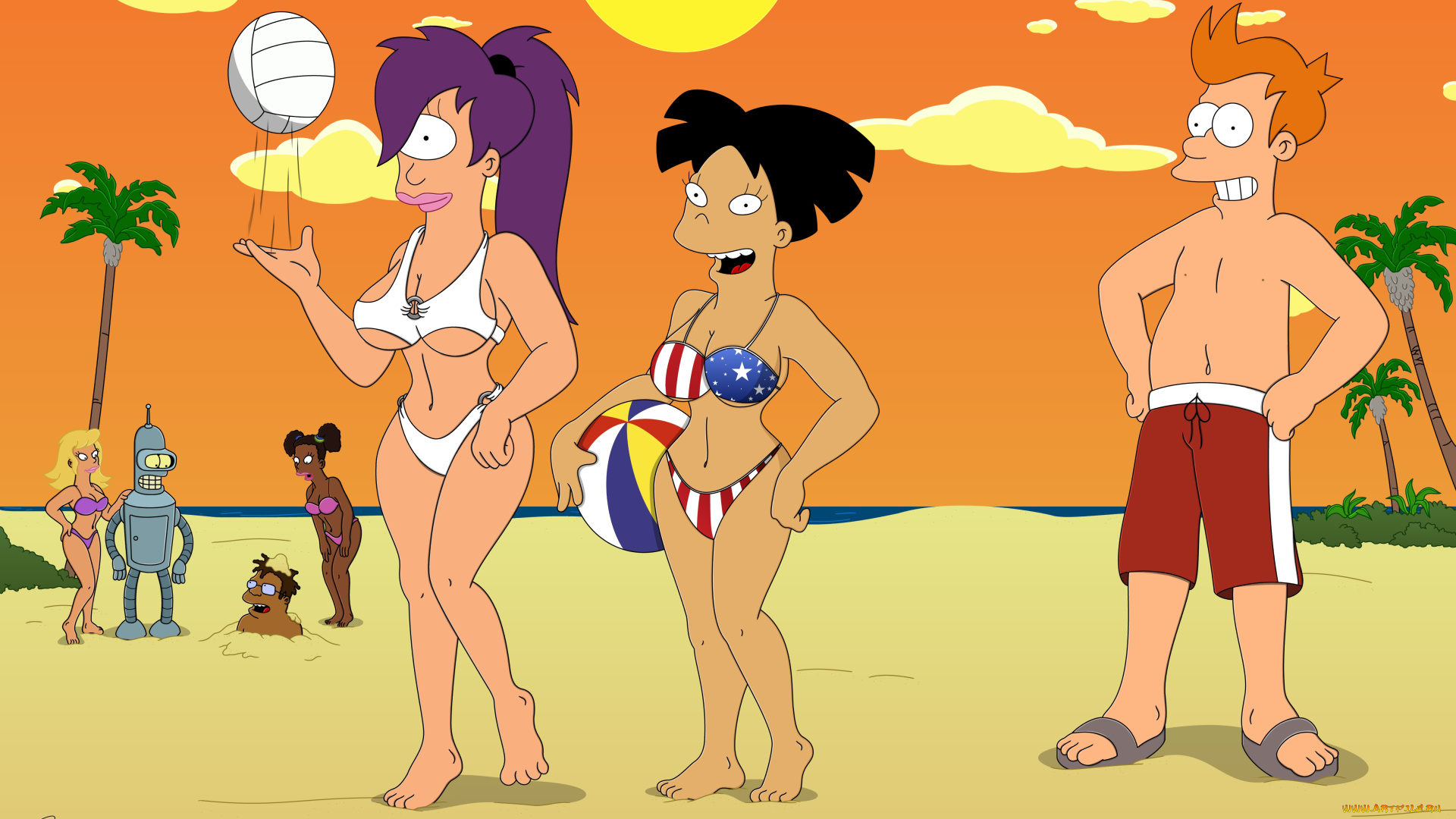 мультфильмы, futurama, облака, море, пальмы, пляж, персонажи