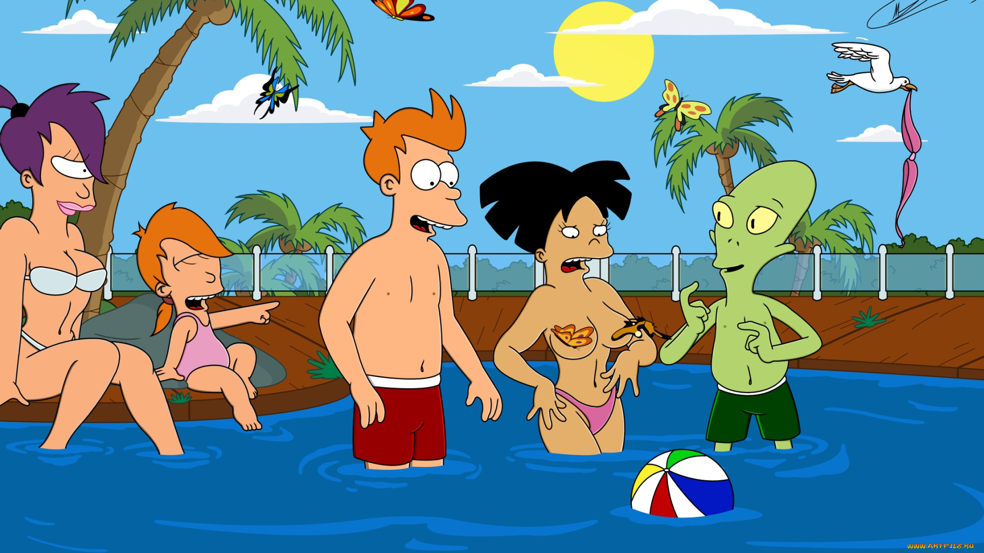мультфильмы, futurama, птицы, пальмы, бассейн, персонажи