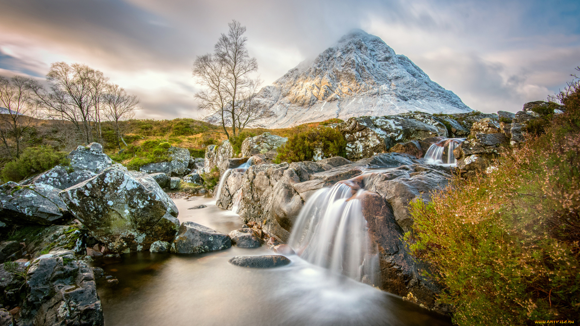 природа, водопады, buachaille, etive, mоr, северо-шотландское, нагорье, облака, камни, поток, гора, шотландия