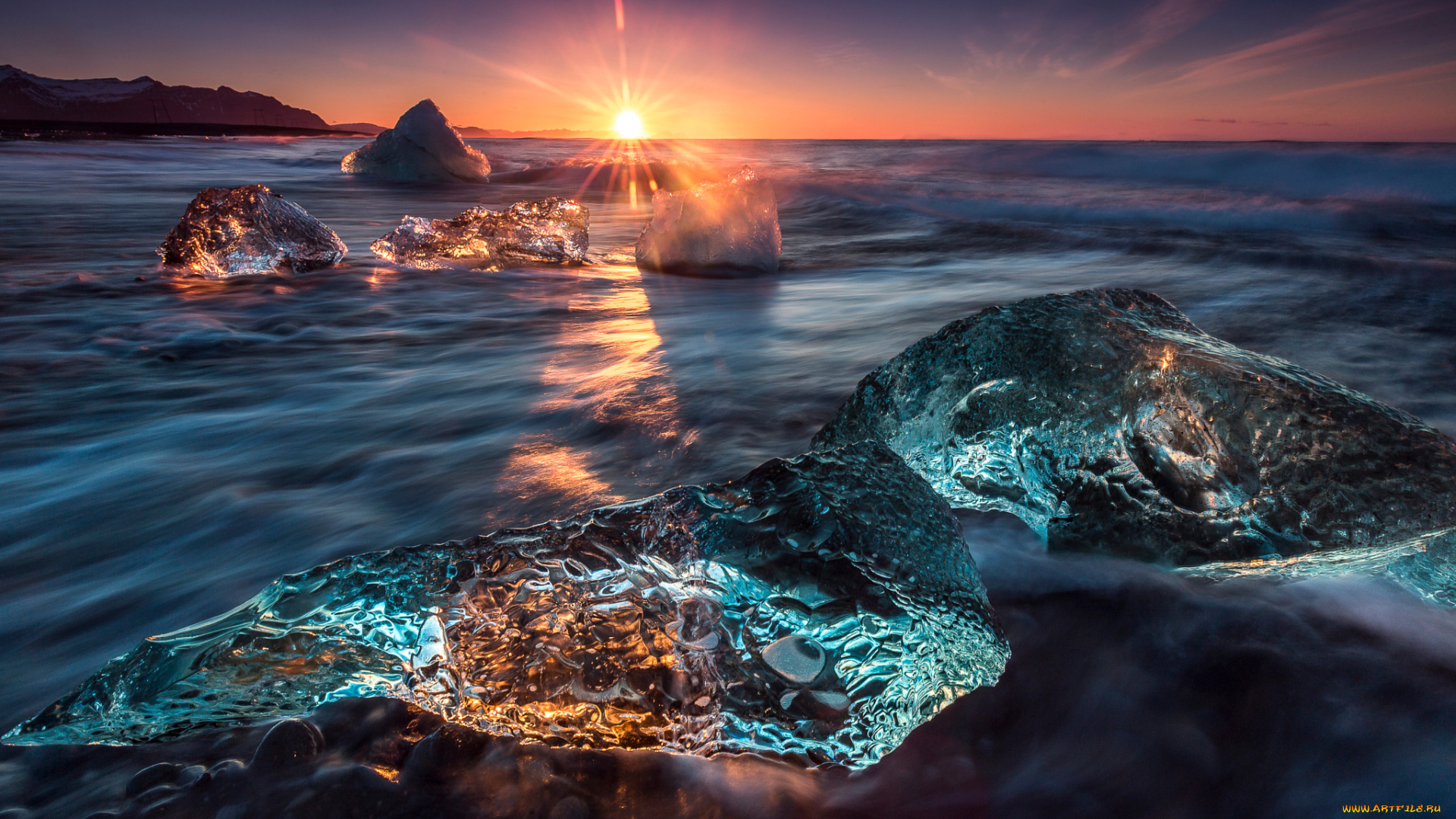 природа, восходы, закаты, свет, солнце, лёд, ледниковая, лагуна, йёкюльсаурлоун, исландия