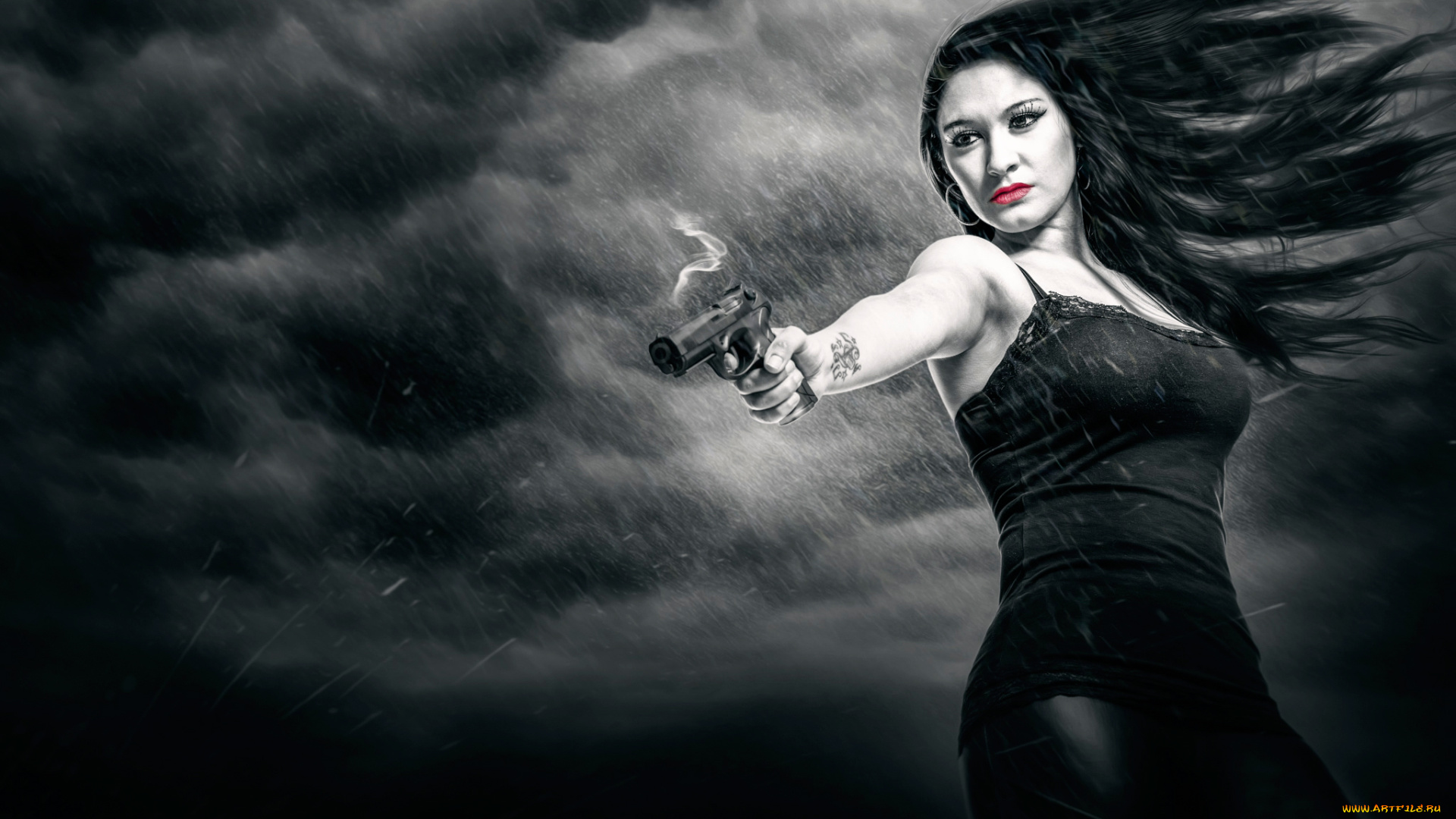 рисованное, кино, по, фильму, арт, пистолет, девушка, romy, model, город, грехов, sin, city