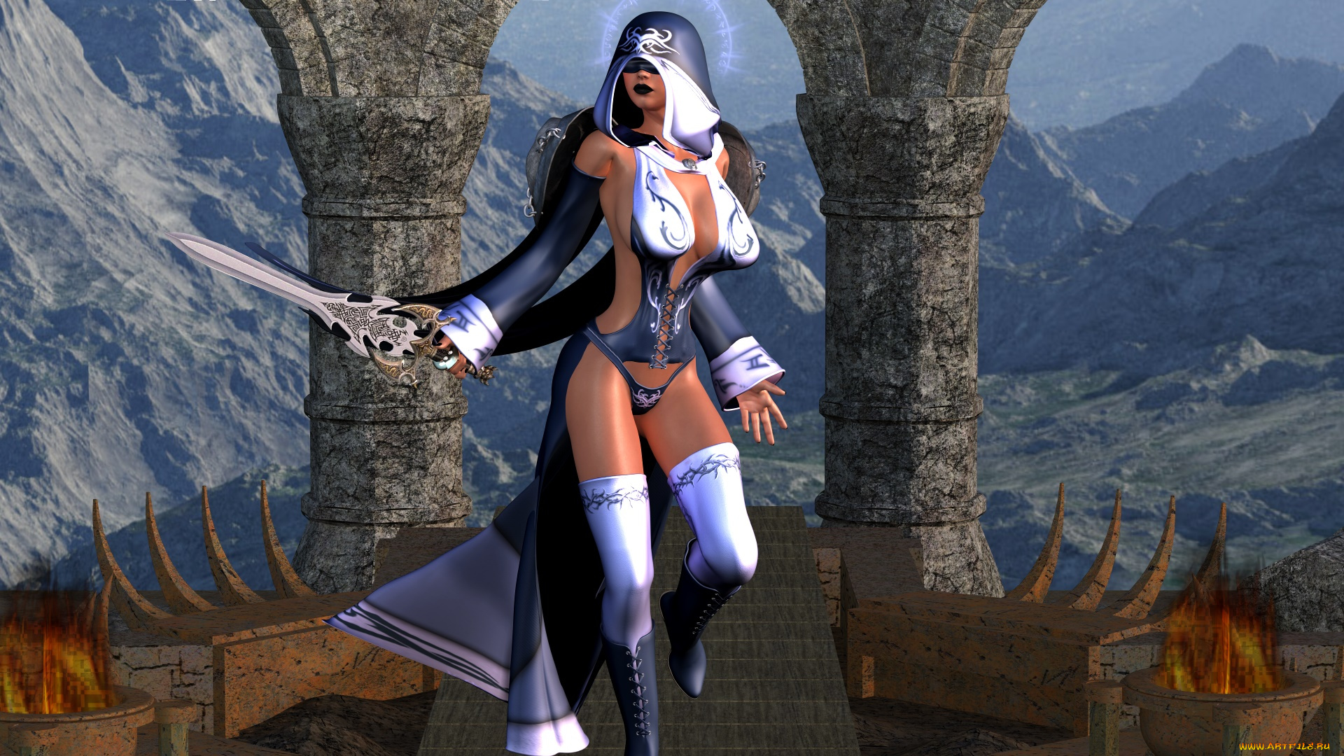 видео, игры, dark, heresy, фон, взгляд, девушка, огонь, оружие, горы