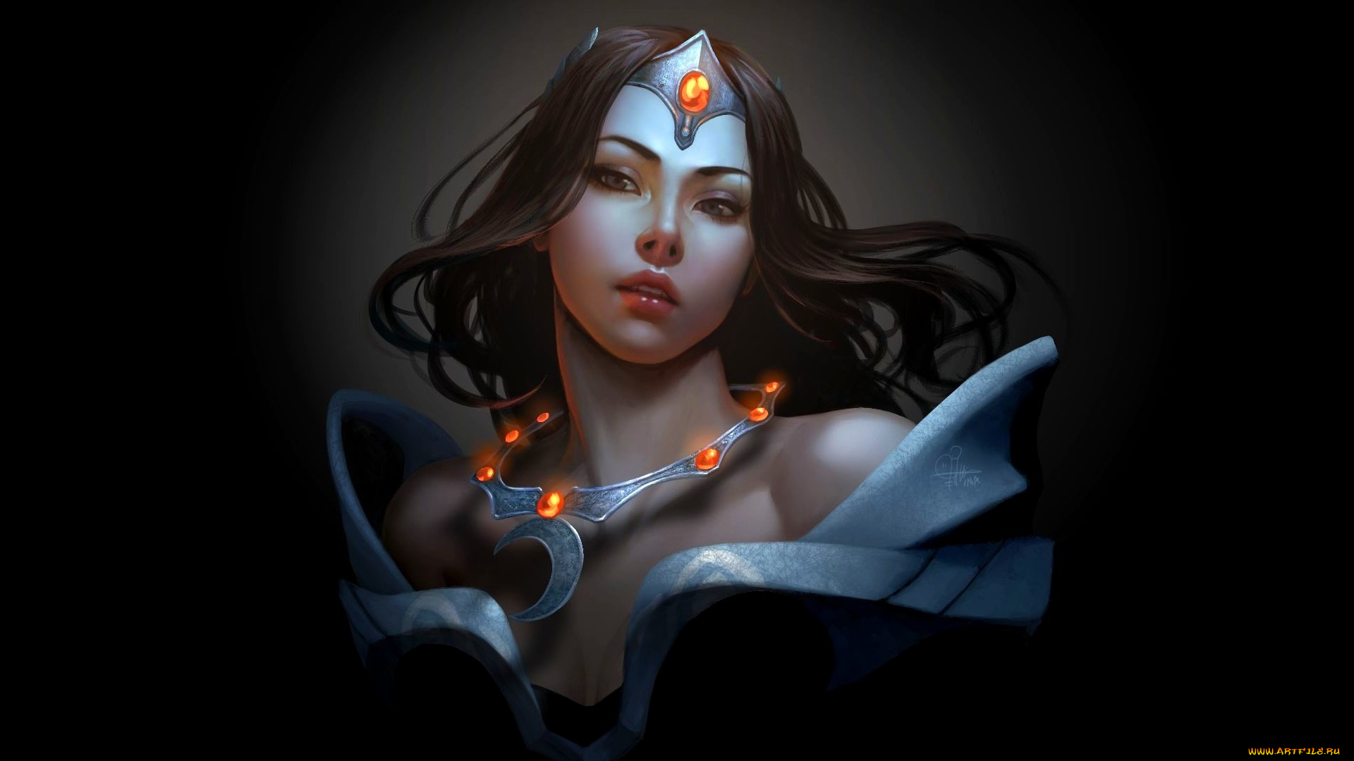 видео, игры, dota, 2, арт, чёрный, фон, ожерелье, девушка, princess, of, the, moon, mirana, dota, 2