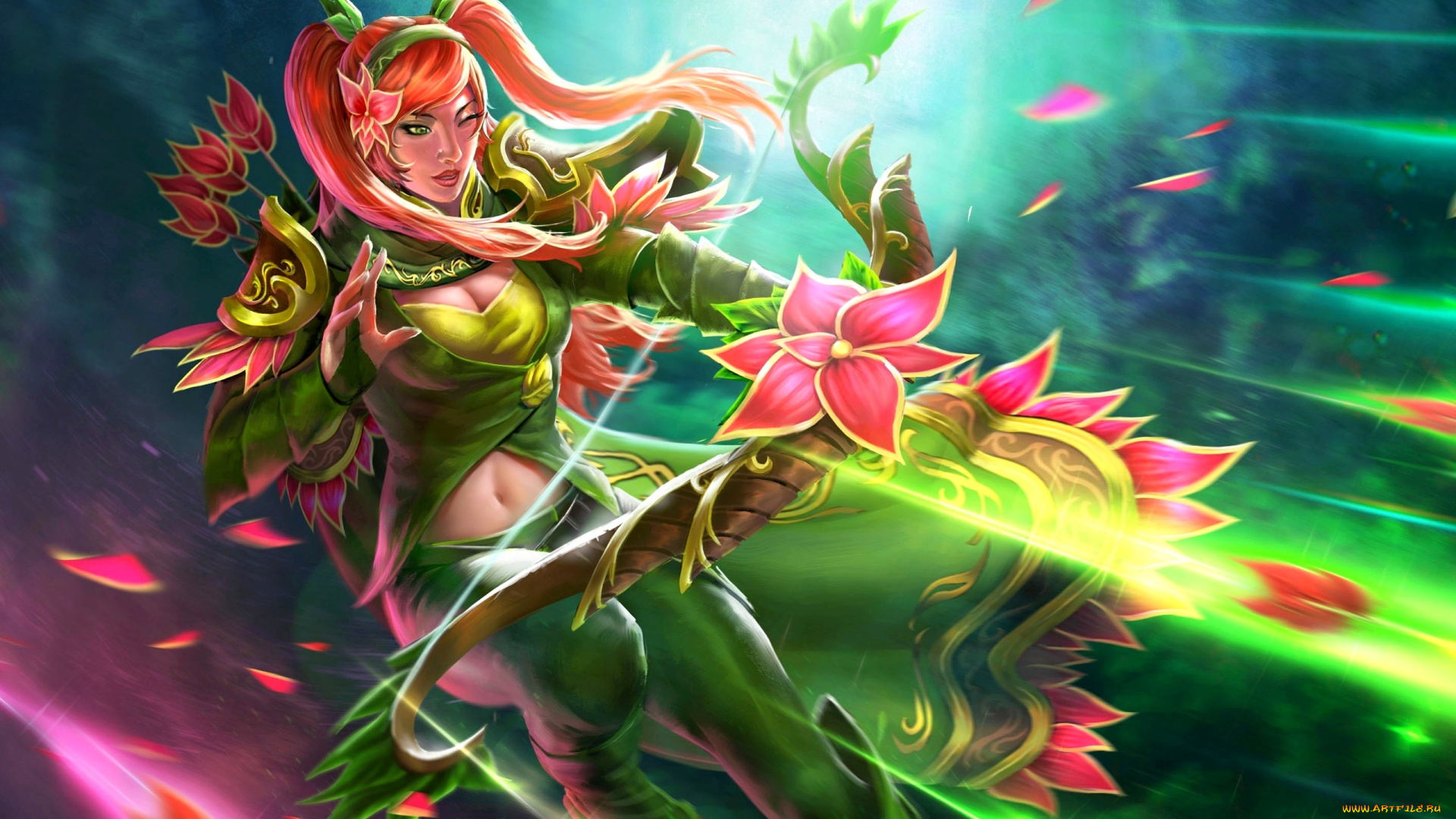 видео, игры, dota, 2, арт, хвостики, цветы, лучница, девушка, windrunner, windranger, dota, 2, lyralei