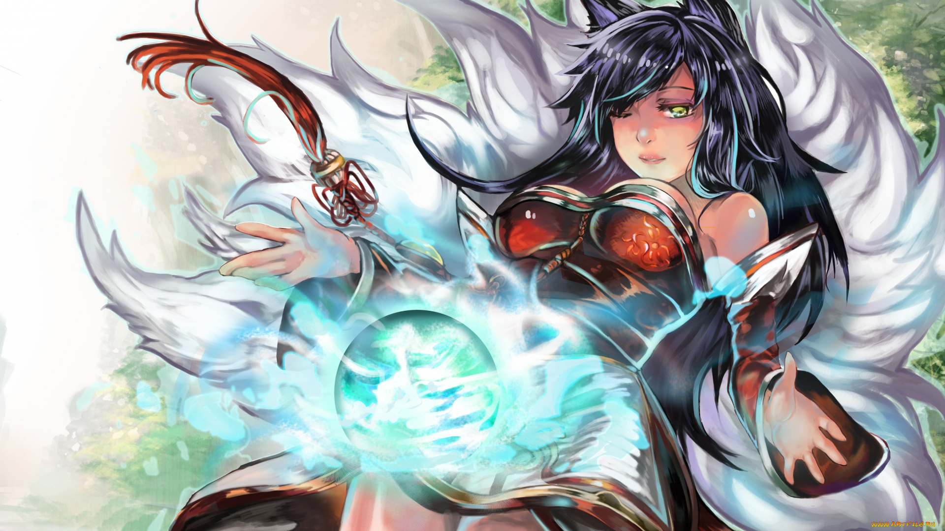 видео, игры, league, of, legends, взгляд, магия, ahri, lol, league, of, legends, ушки, девушка, арт