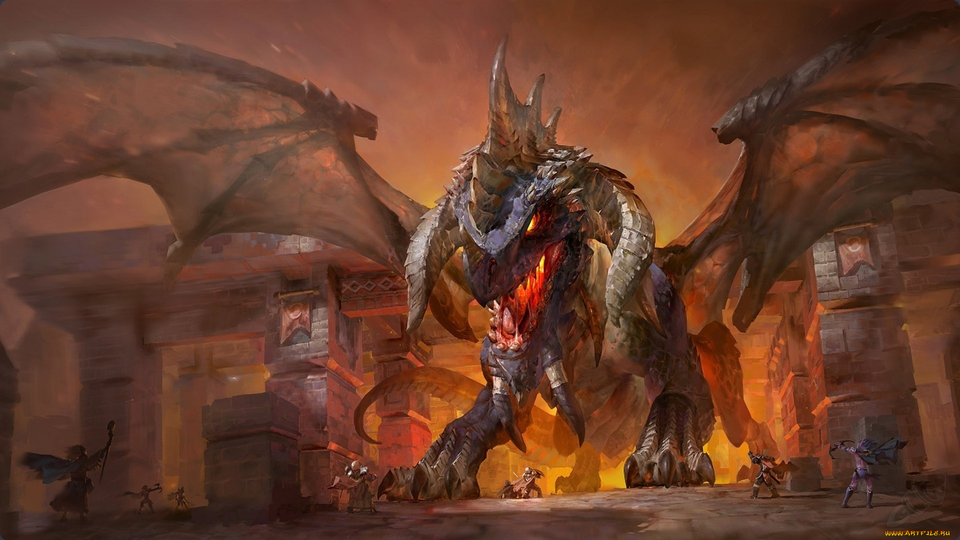 видео, игры, world, of, warcraft, арт, крылья, люди, город, дракон, nefarian, hearthstone, wow, world, of, warcraft, нефариан, blackrock, mountain