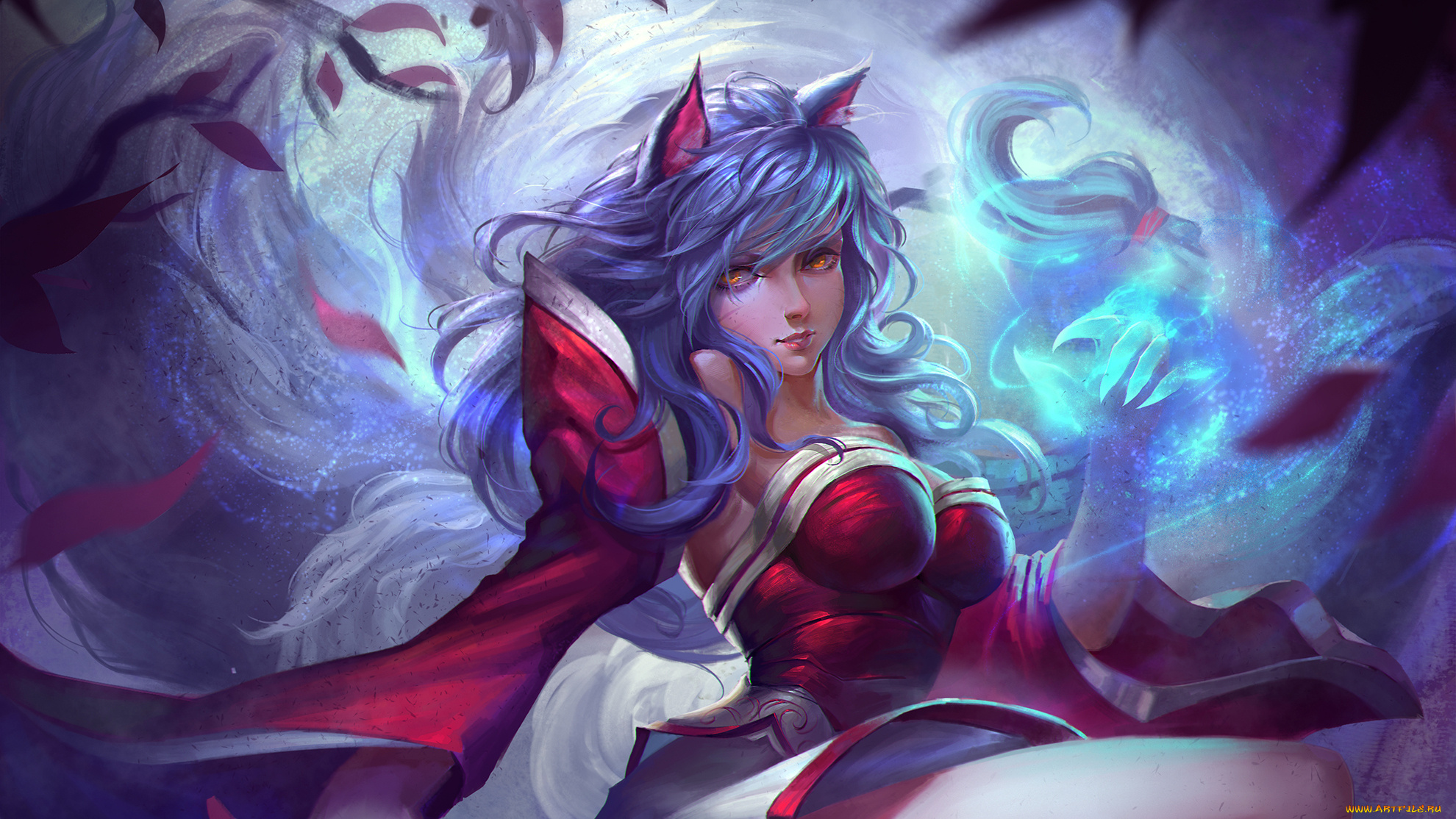 видео, игры, league, of, legends, ahri, league, of, legends, lol, арт, взгляд, магия, девушка, ушки