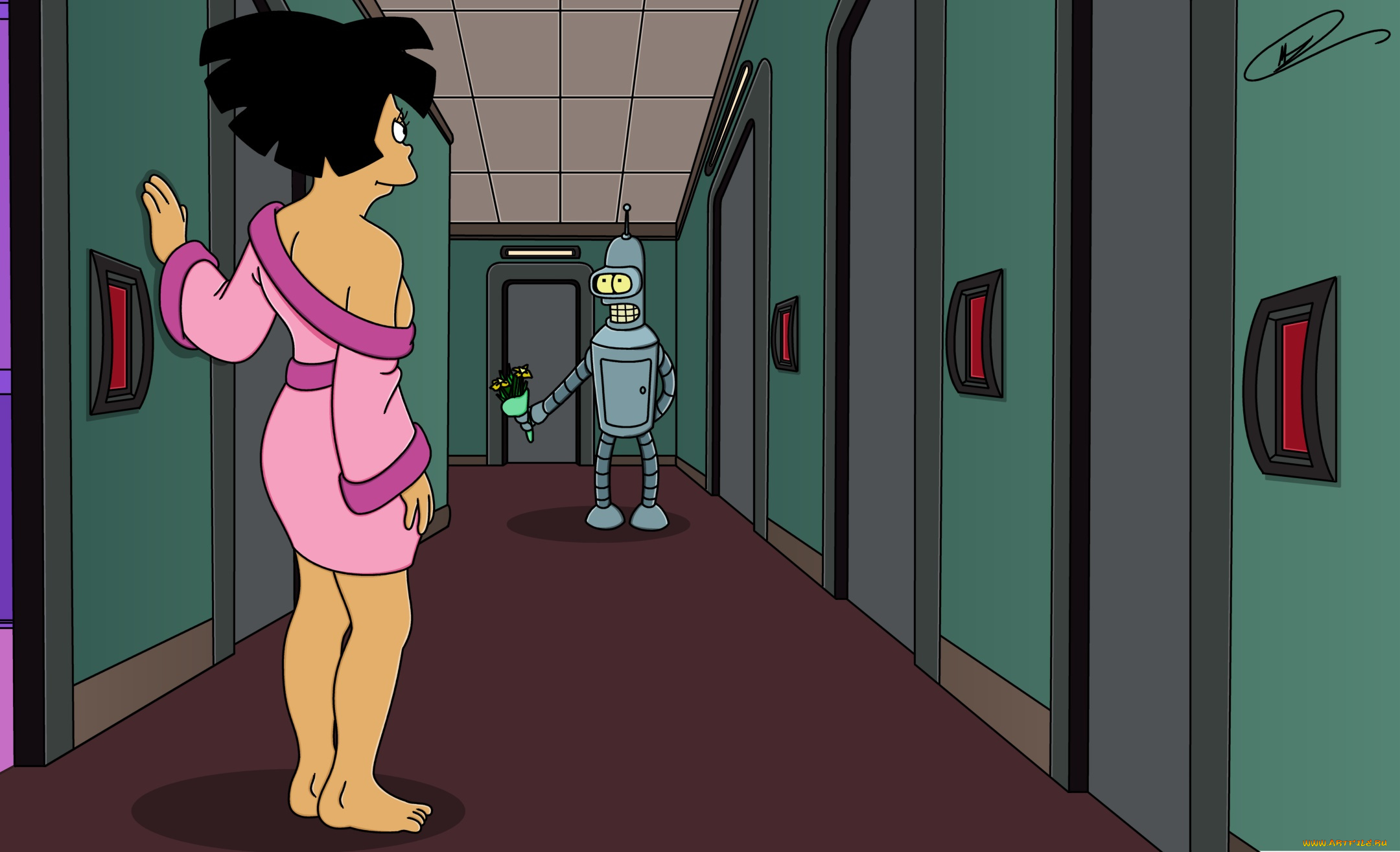 мультфильмы, futurama, цветы, коридор, робот
