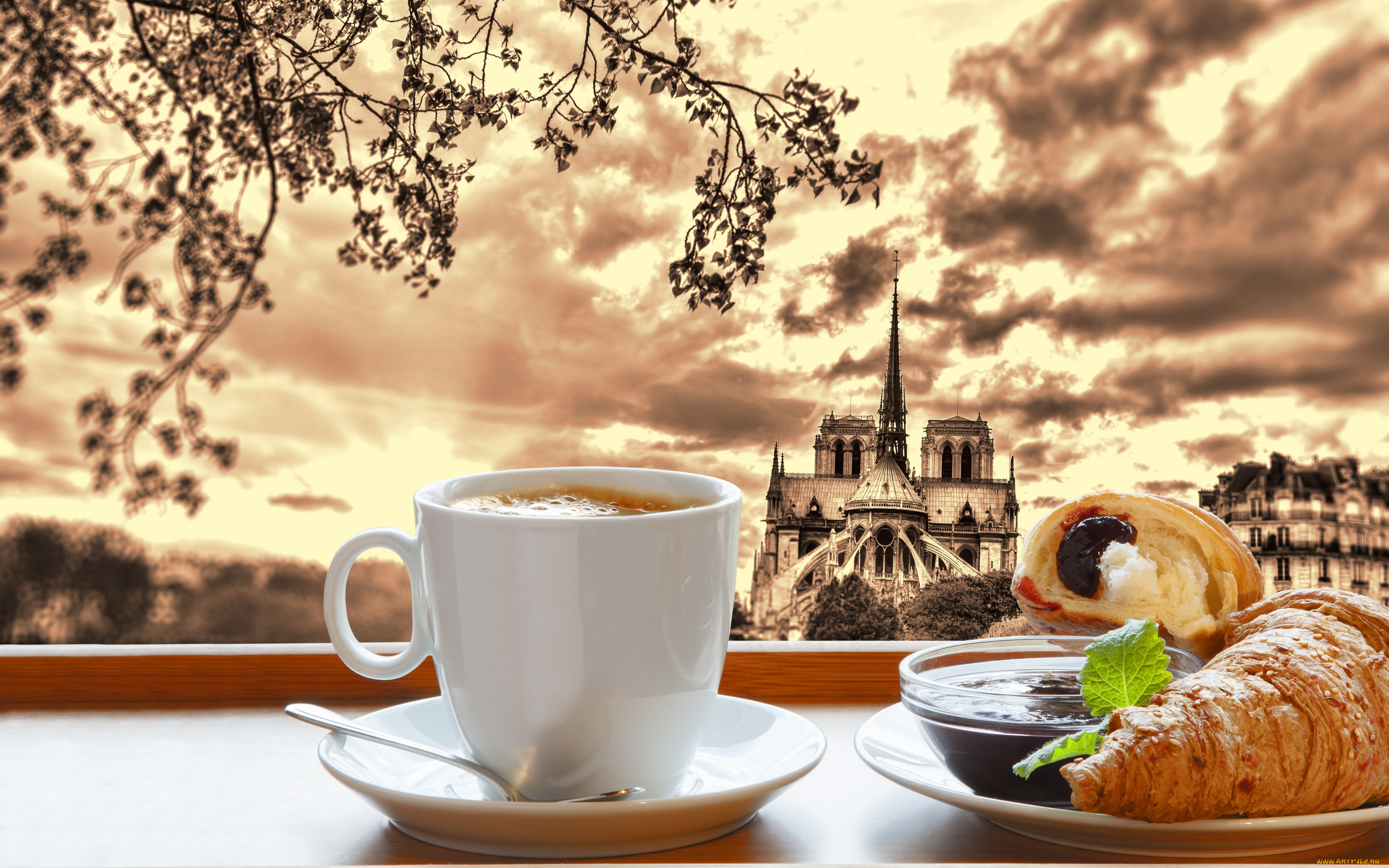 еда, кофе, , кофейные, зёрна, croissant, cup, coffee, breakfast, пейзаж, круассан, завтрак, cathedral, notre, dame, france, paris, париж, джем