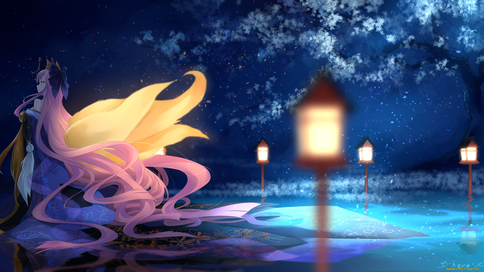 аниме, fate, stay, night, лиса, фонари, ночь