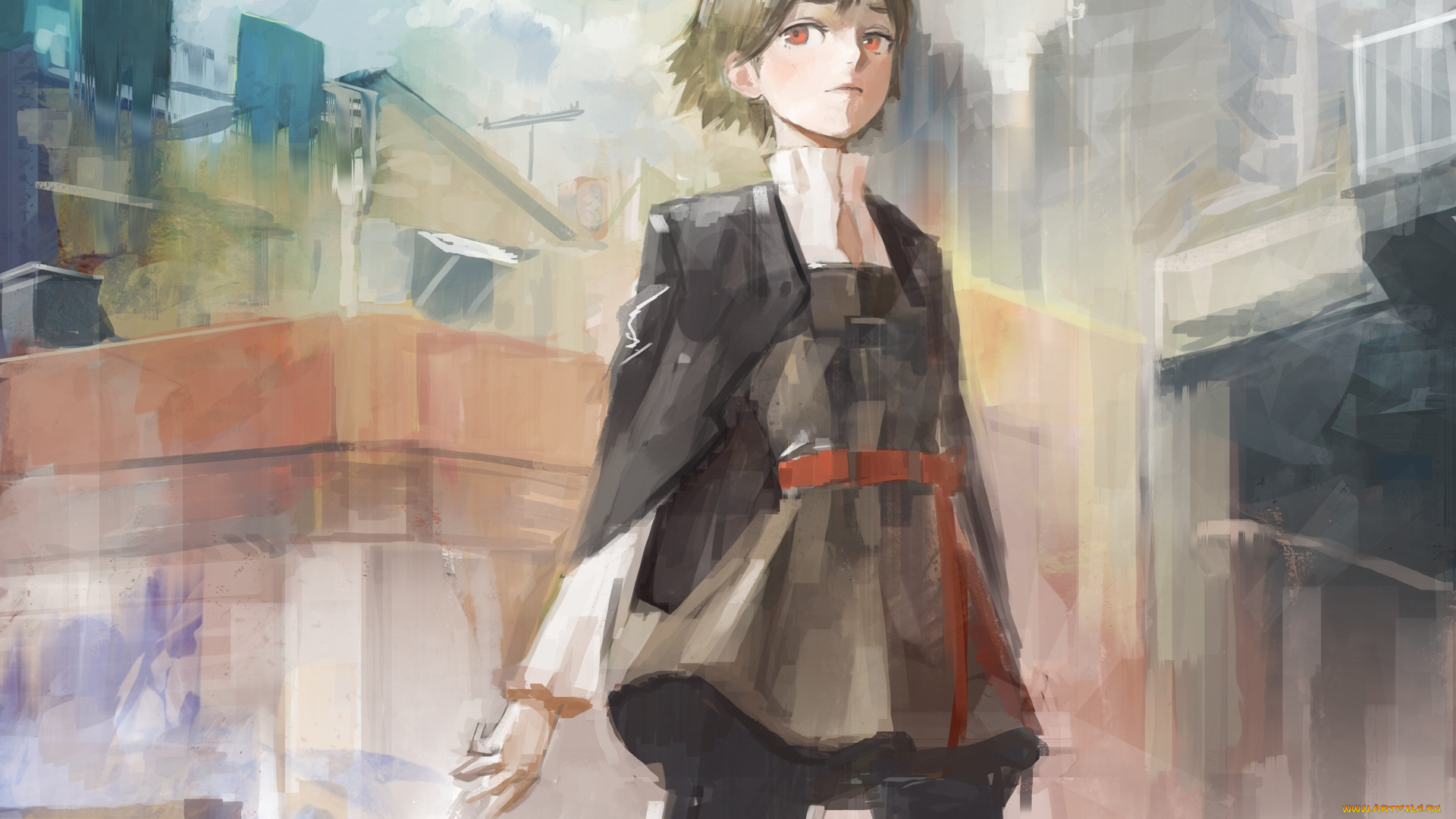 аниме, город, , улицы, , здания, девушка, nababa