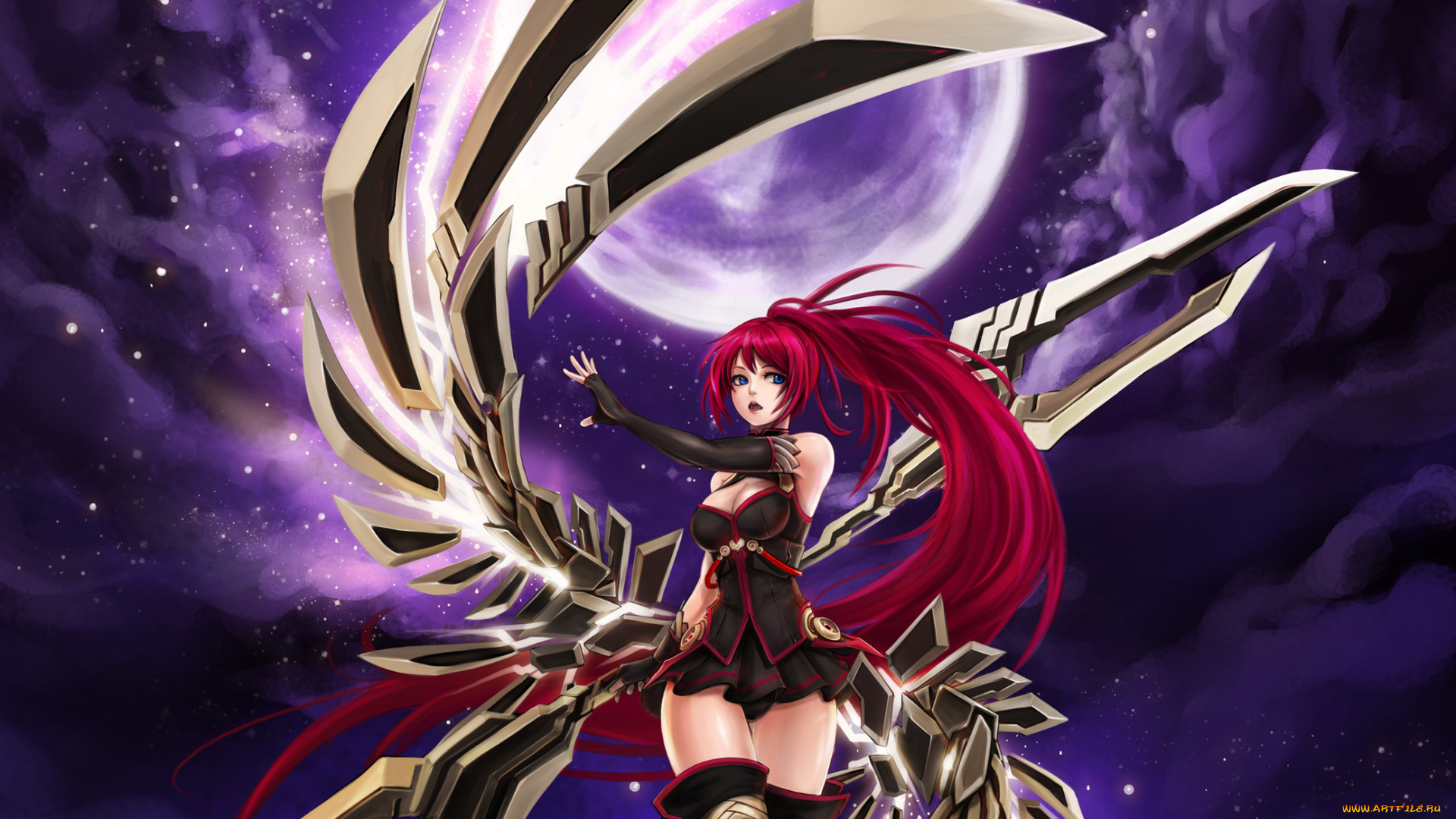 аниме, kaku-san-sei, million, arthur, луна, девушка, меч, крылья, ночь