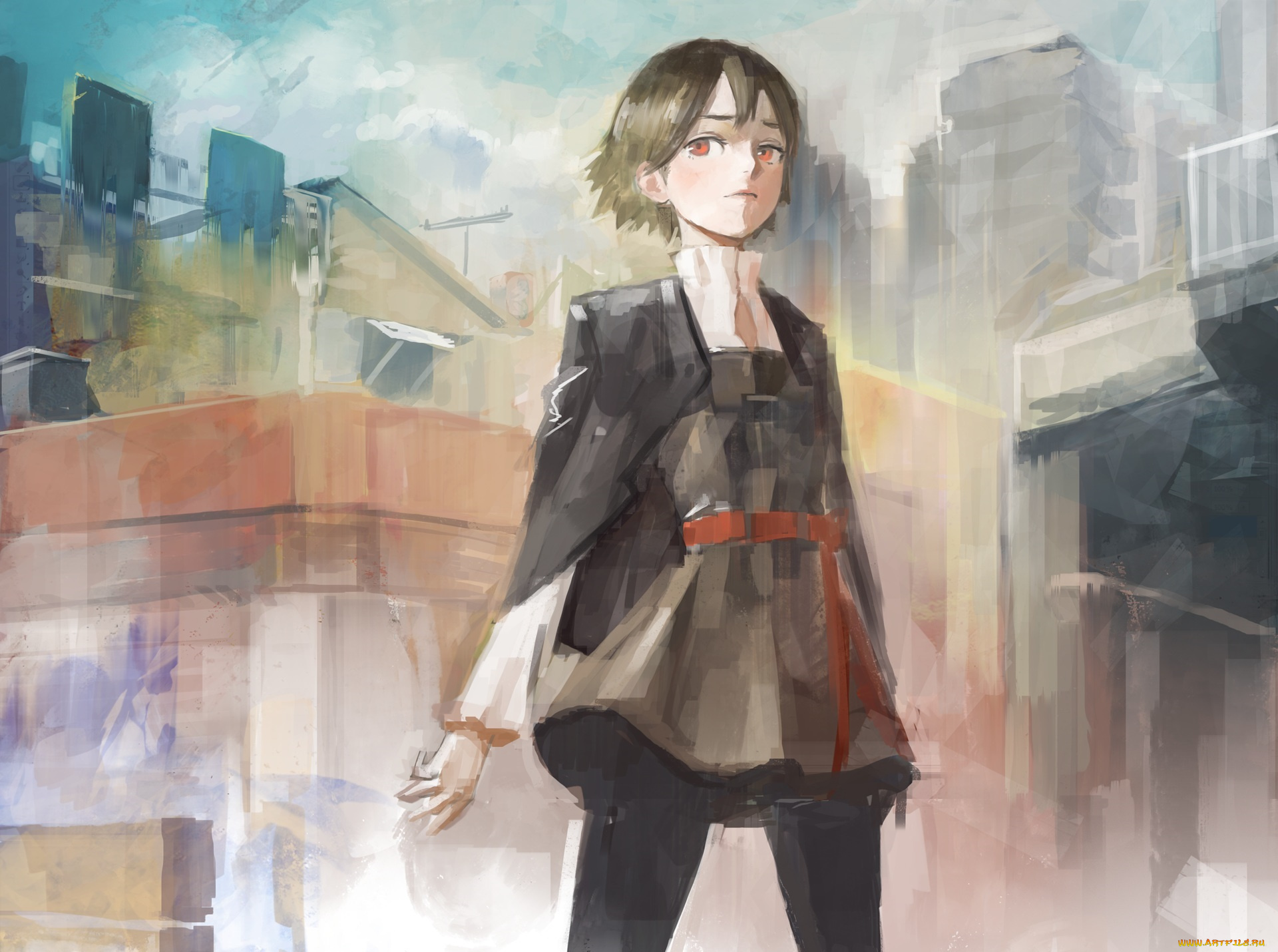 аниме, город, , улицы, , здания, девушка, nababa