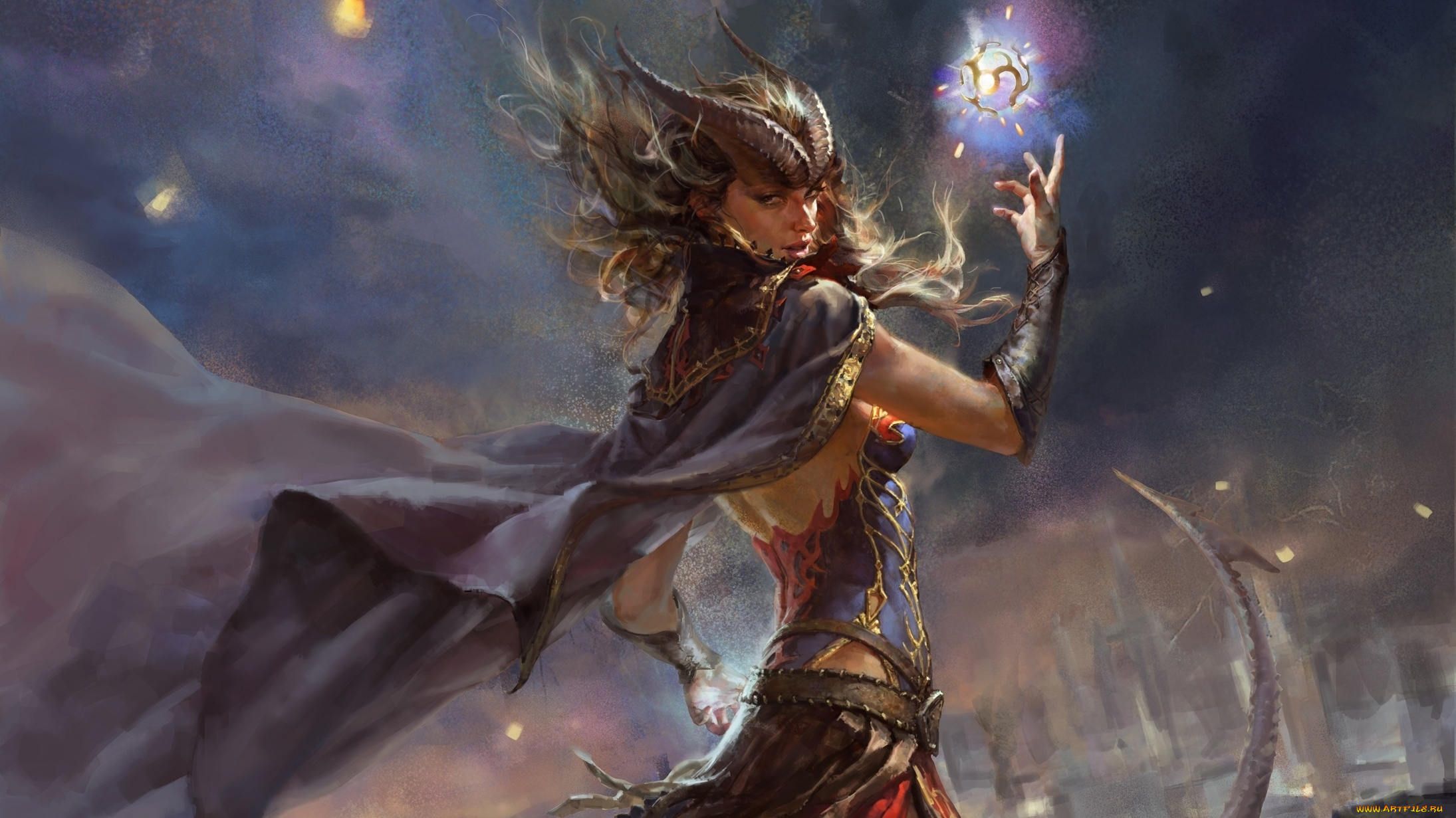 фэнтези, демоны, демон, девушка, рога, фентези, арт, маг, магия