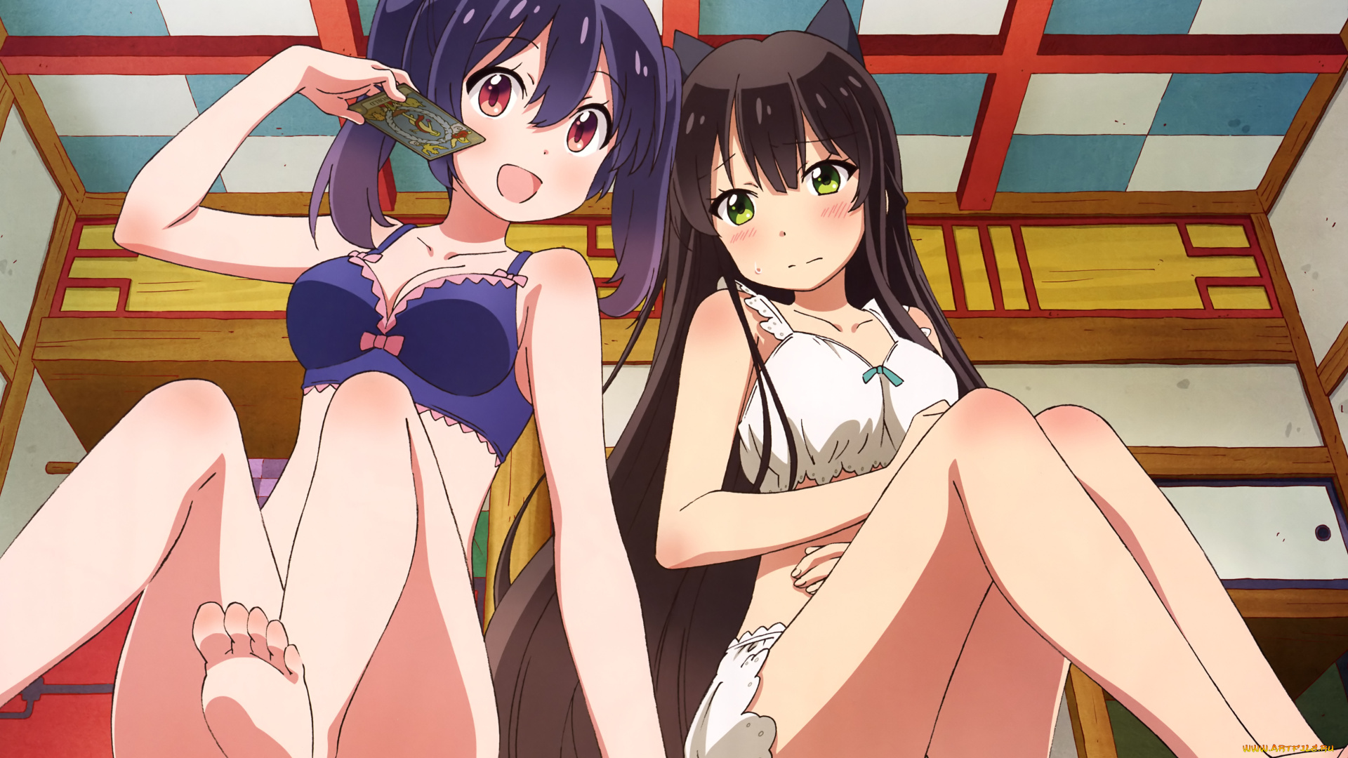 аниме, urara, meirochou, карты, белье, девушки